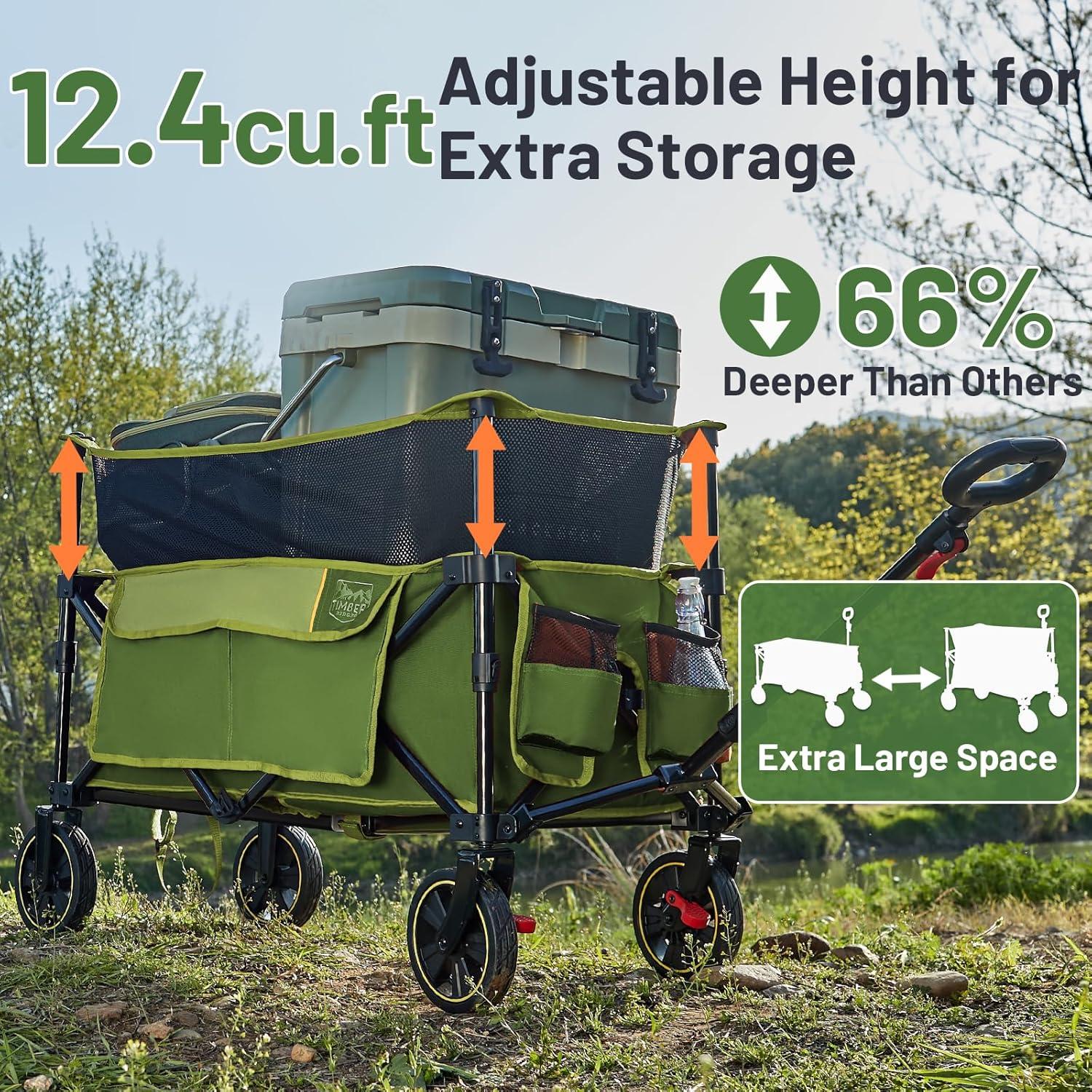 imageTimber Ridge 350L Extra Large Collapsible Folding Wagon Carts with Brake Heavy Duty Outdoor Camping Utility Wagons with Extended Height Adjustable Handle Cup Holders Side BagBlueGreen
