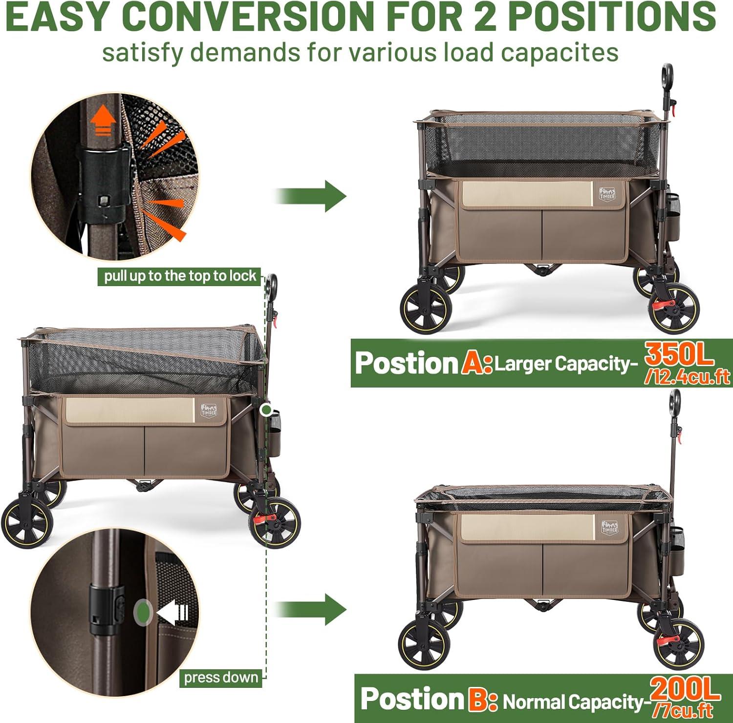 imageTimber Ridge 350L Extra Large Collapsible Folding Wagon Carts with Brake Heavy Duty Outdoor Camping Utility Wagons with Extended Height Adjustable Handle Cup Holders Side BagBlueTan