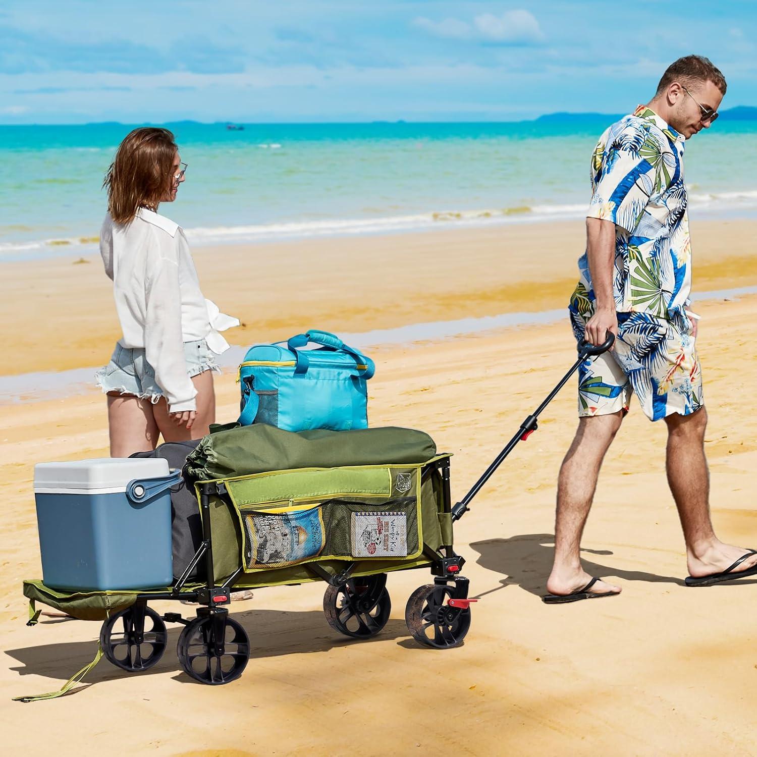 imageTimber Ridge 47quot L Collapsible Wagon with Tailgate ampamp Brake 300lbs Heavy Duty Beach Wagon with AllTerrain Big Wheels 250L Foldable Utility Cart for Sand Camping Sports Shopping BlueGreen