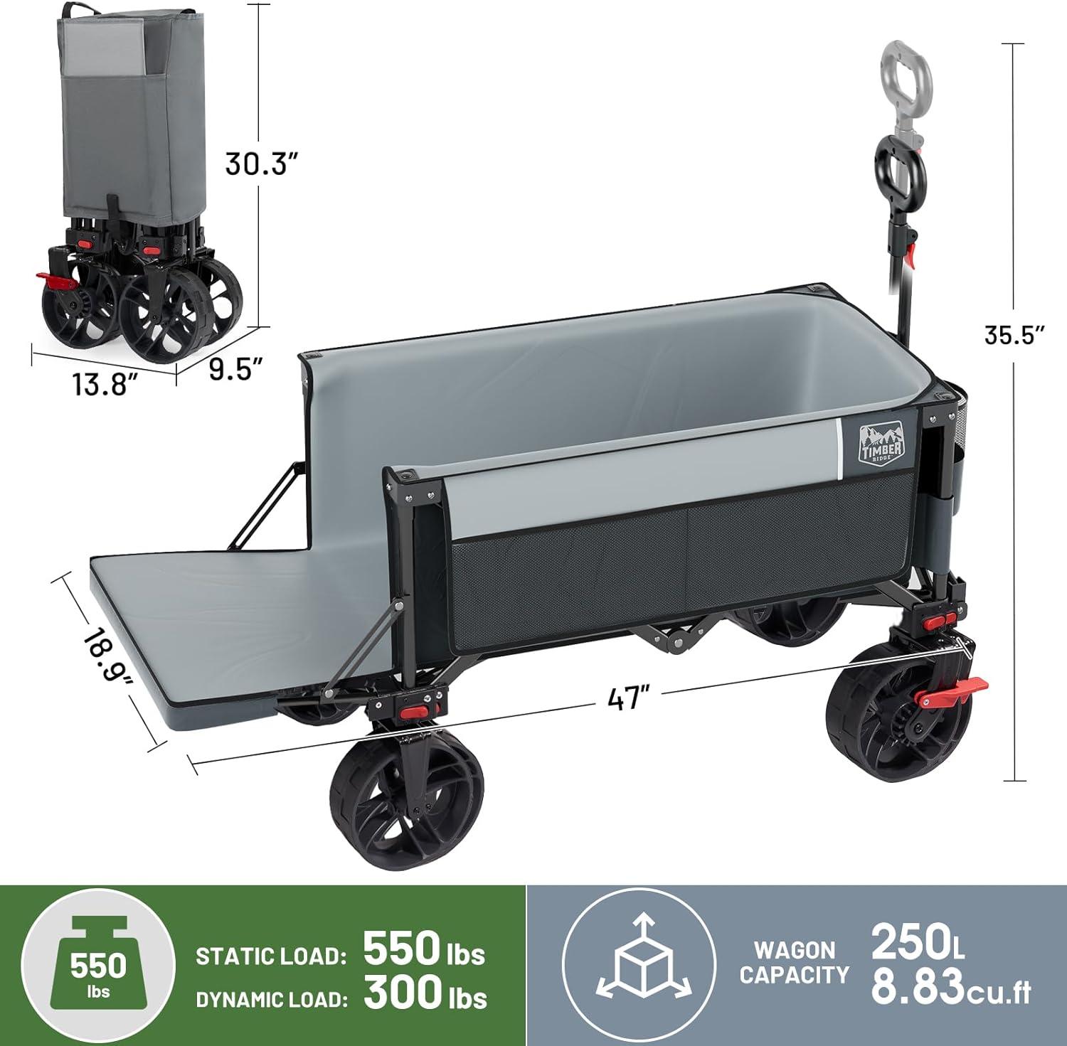 imageTimber Ridge 47quot L Collapsible Wagon with Tailgate ampamp Brake 300lbs Heavy Duty Beach Wagon with AllTerrain Big Wheels 250L Foldable Utility Cart for Sand Camping Sports Shopping BlueGray