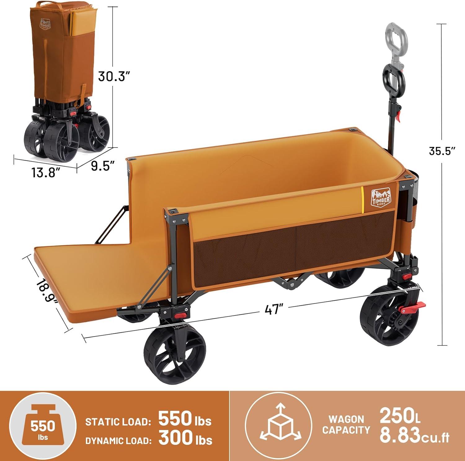 imageTimber Ridge 47quot L Collapsible Wagon with Tailgate ampamp Brake 300lbs Heavy Duty Beach Wagon with AllTerrain Big Wheels 250L Foldable Utility Cart for Sand Camping Sports Shopping BlueOrange