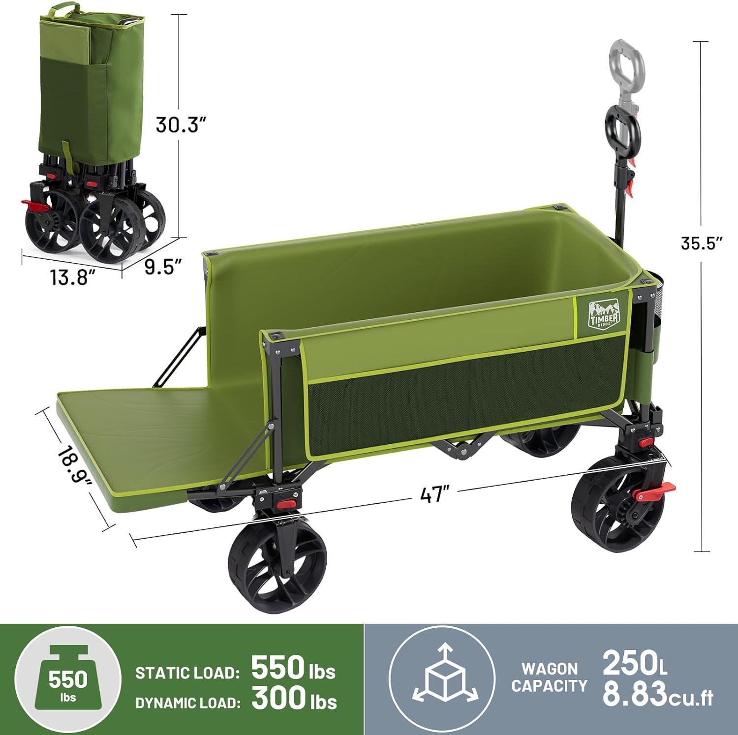 imageTimber Ridge 47quot L Collapsible Wagon with Tailgate ampamp Brake 300lbs Heavy Duty Beach Wagon with AllTerrain Big Wheels 250L Foldable Utility Cart for Sand Camping Sports Shopping BlueGreen