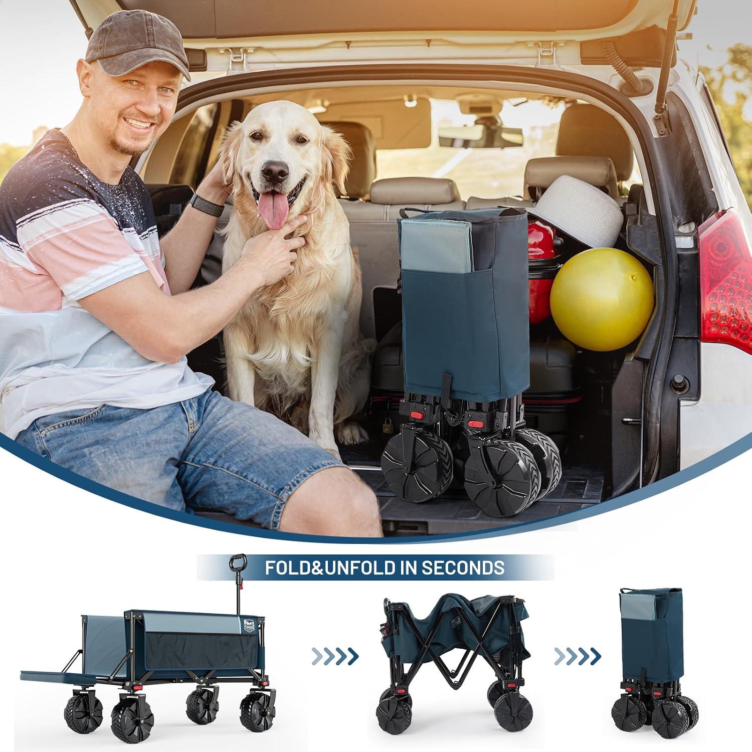 imageTimber Ridge 47quot L Collapsible Wagon with Tailgate ampamp Brake 300lbs Heavy Duty Beach Wagon with AllTerrain Big Wheels 250L Foldable Utility Cart for Sand Camping Sports Shopping BlueBlue