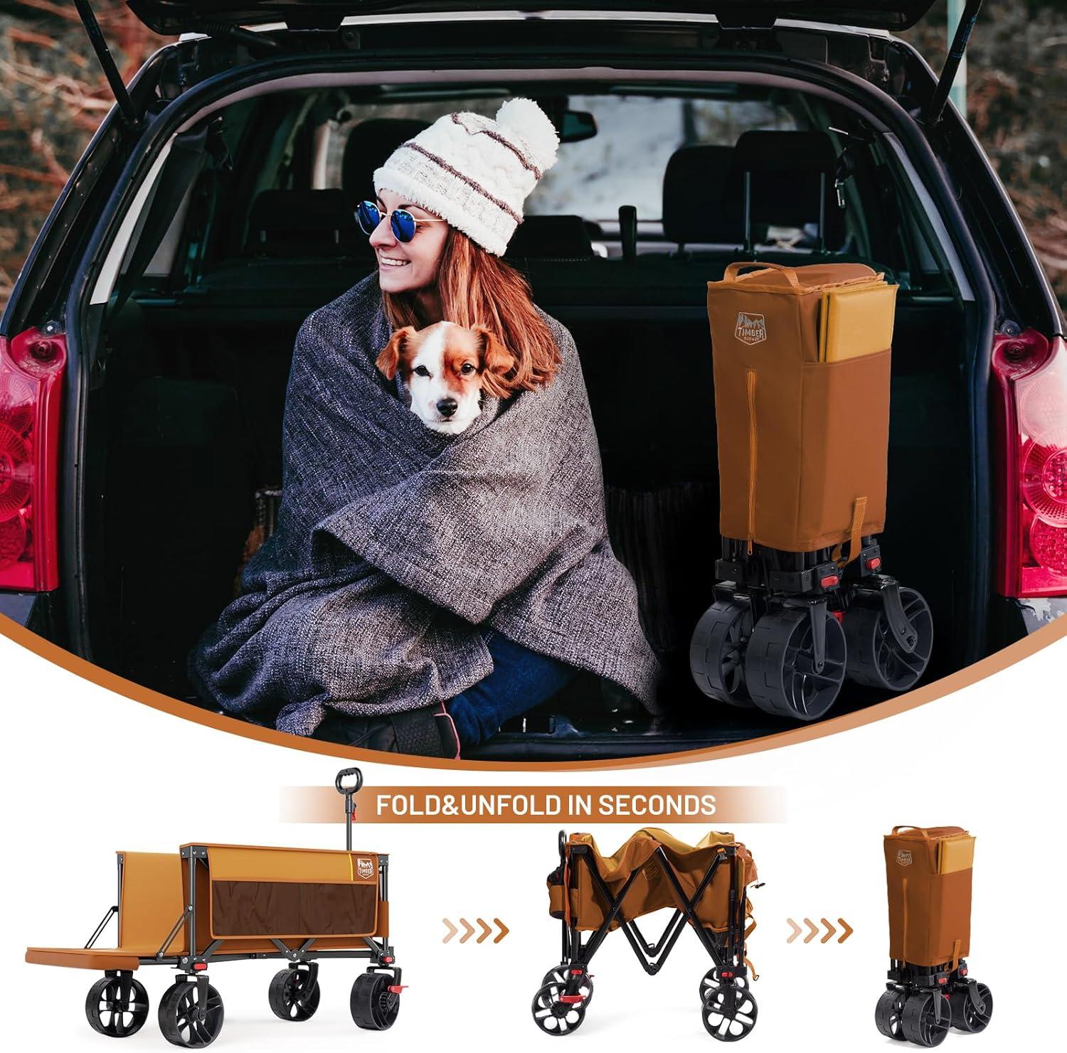 imageTimber Ridge 47quot L Collapsible Wagon with Tailgate ampamp Brake 300lbs Heavy Duty Beach Wagon with AllTerrain Big Wheels 250L Foldable Utility Cart for Sand Camping Sports Shopping BlueOrange