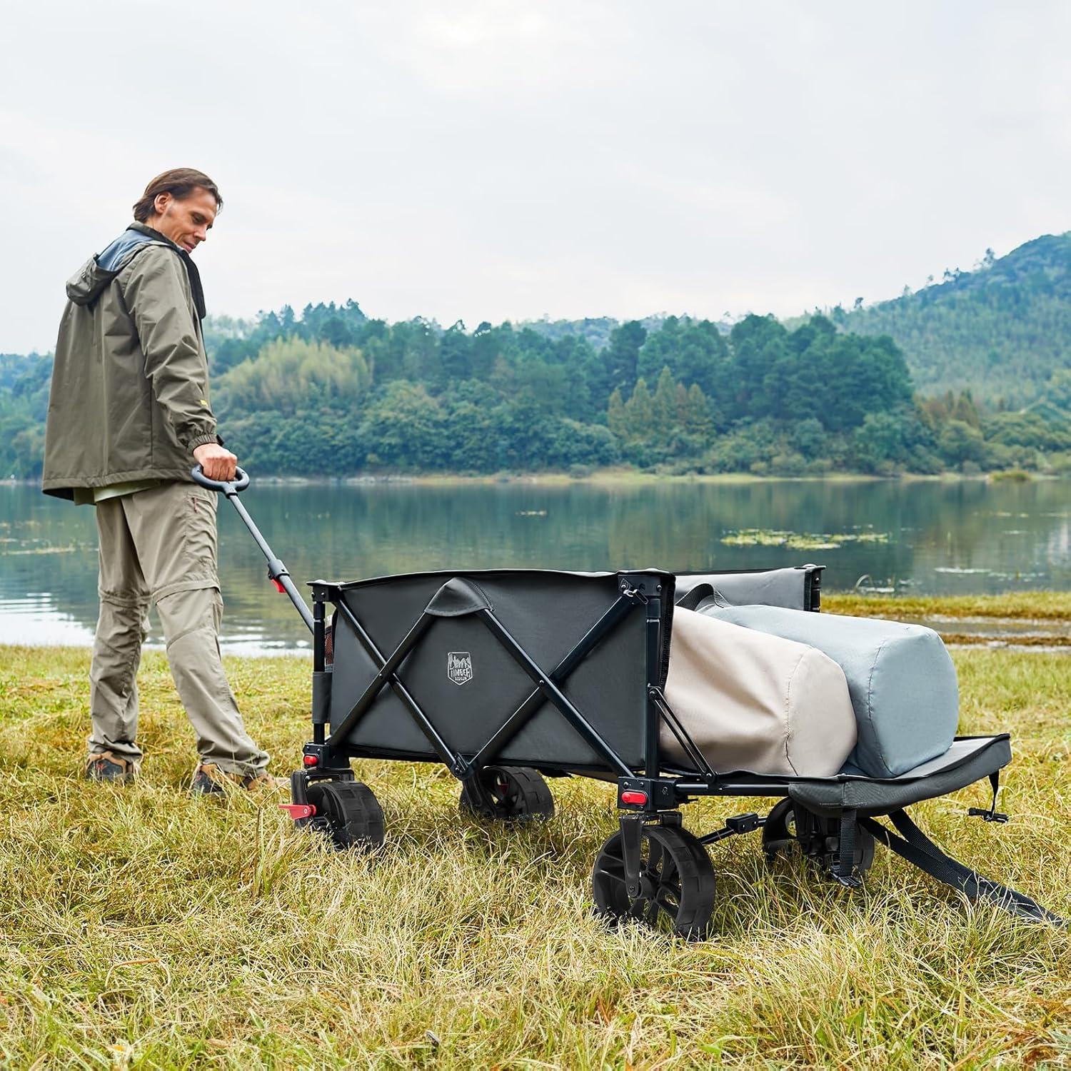 imageTimber Ridge 47quot L Collapsible Wagon with Tailgate ampamp Brake 300lbs Heavy Duty Beach Wagon with AllTerrain Big Wheels 250L Foldable Utility Cart for Sand Camping Sports Shopping BlueGray