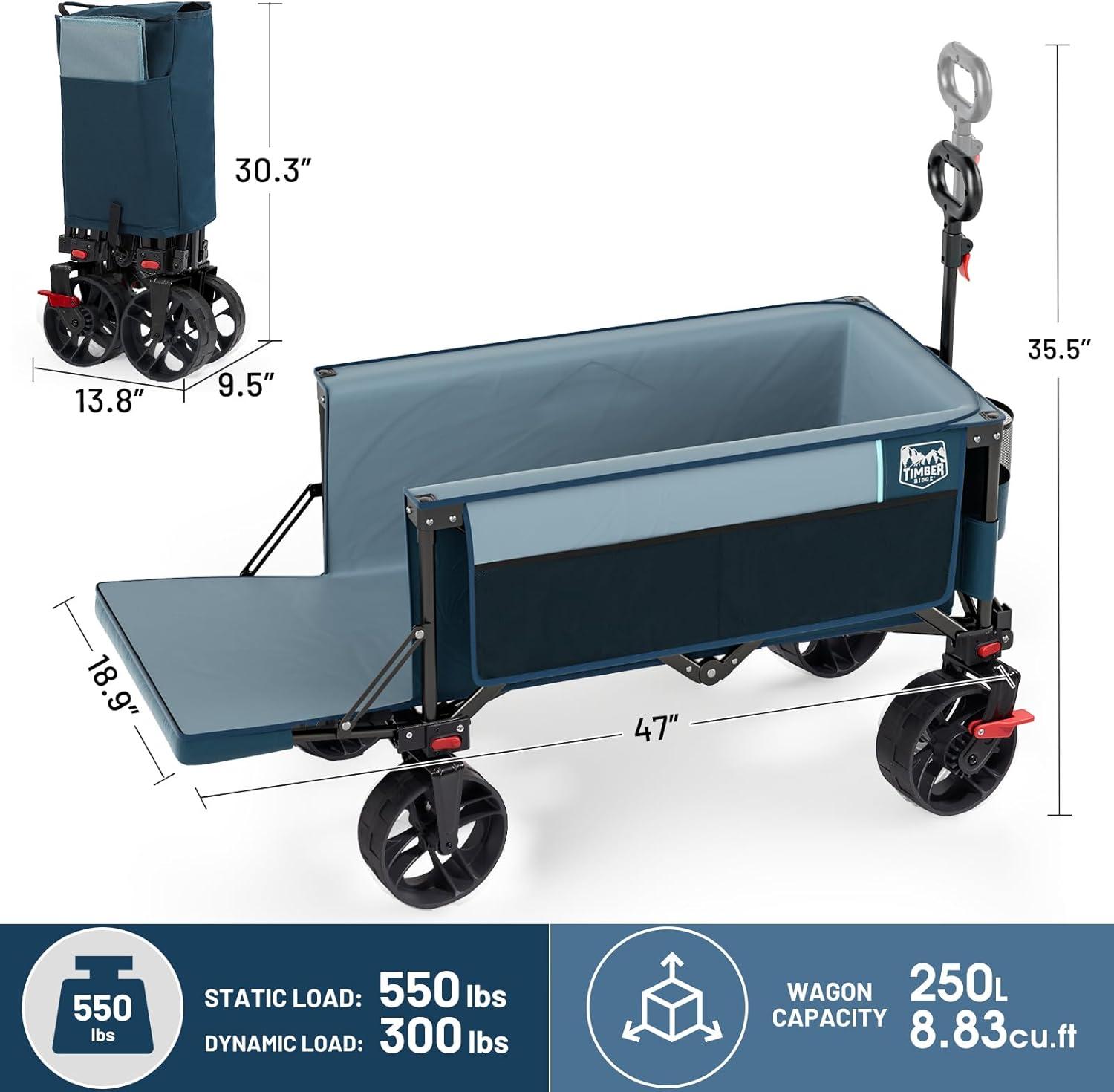 imageTimber Ridge 47quot L Collapsible Wagon with Tailgate ampamp Brake 300lbs Heavy Duty Beach Wagon with AllTerrain Big Wheels 250L Foldable Utility Cart for Sand Camping Sports Shopping BlueBlue