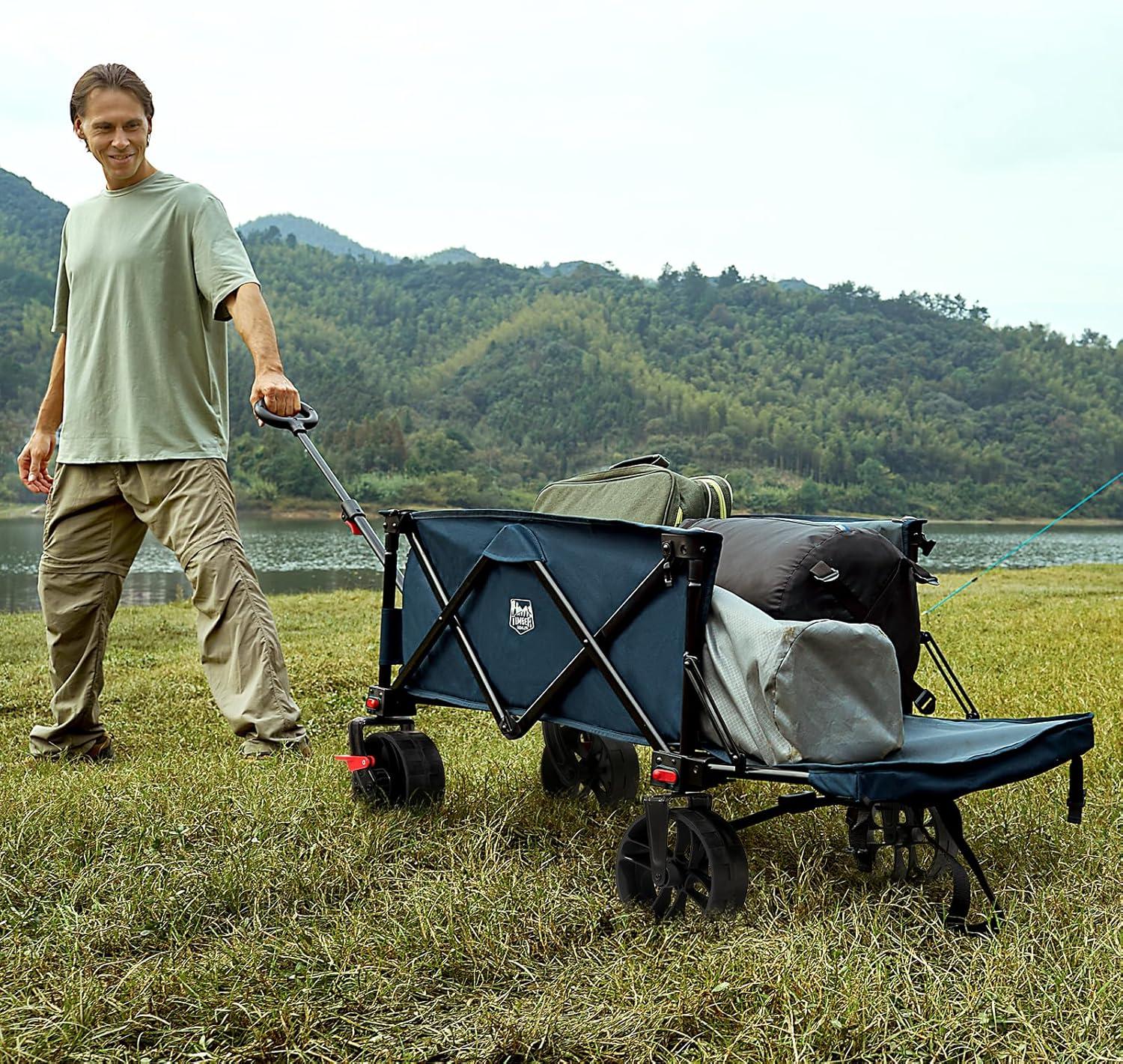 imageTimber Ridge 47quot L Collapsible Wagon with Tailgate ampamp Brake 300lbs Heavy Duty Beach Wagon with AllTerrain Big Wheels 250L Foldable Utility Cart for Sand Camping Sports Shopping BlueBlue