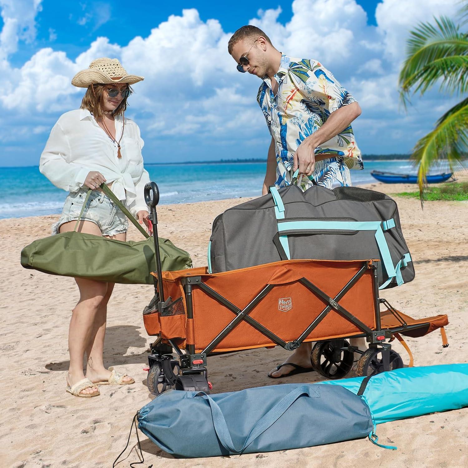 imageTimber Ridge 47quot L Collapsible Wagon with Tailgate ampamp Brake 300lbs Heavy Duty Beach Wagon with AllTerrain Big Wheels 250L Foldable Utility Cart for Sand Camping Sports Shopping BlueOrange