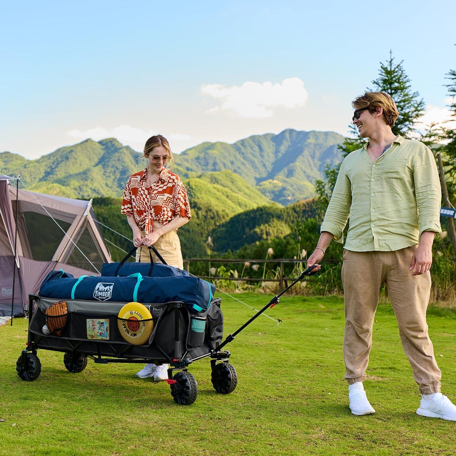 imageTimber Ridge 512quot Extended Collapsible Wagon  HeavyDuty Utility Cart with AllTerrain Wheels Brakes ampamp Cargo Net 400L Capacity for Camping Sports ampamp Shopping BlueGray