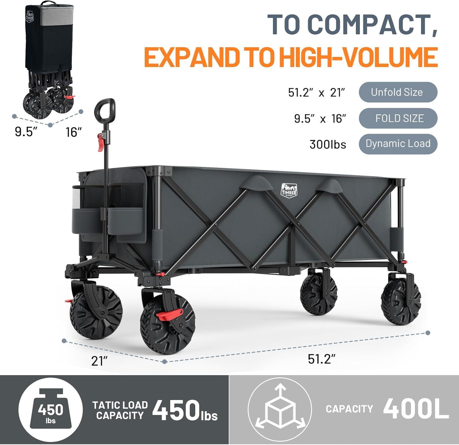 imageTimber Ridge 512quot Extended Collapsible Wagon  HeavyDuty Utility Cart with AllTerrain Wheels Brakes ampamp Cargo Net 400L Capacity for Camping Sports ampamp Shopping BlueGray