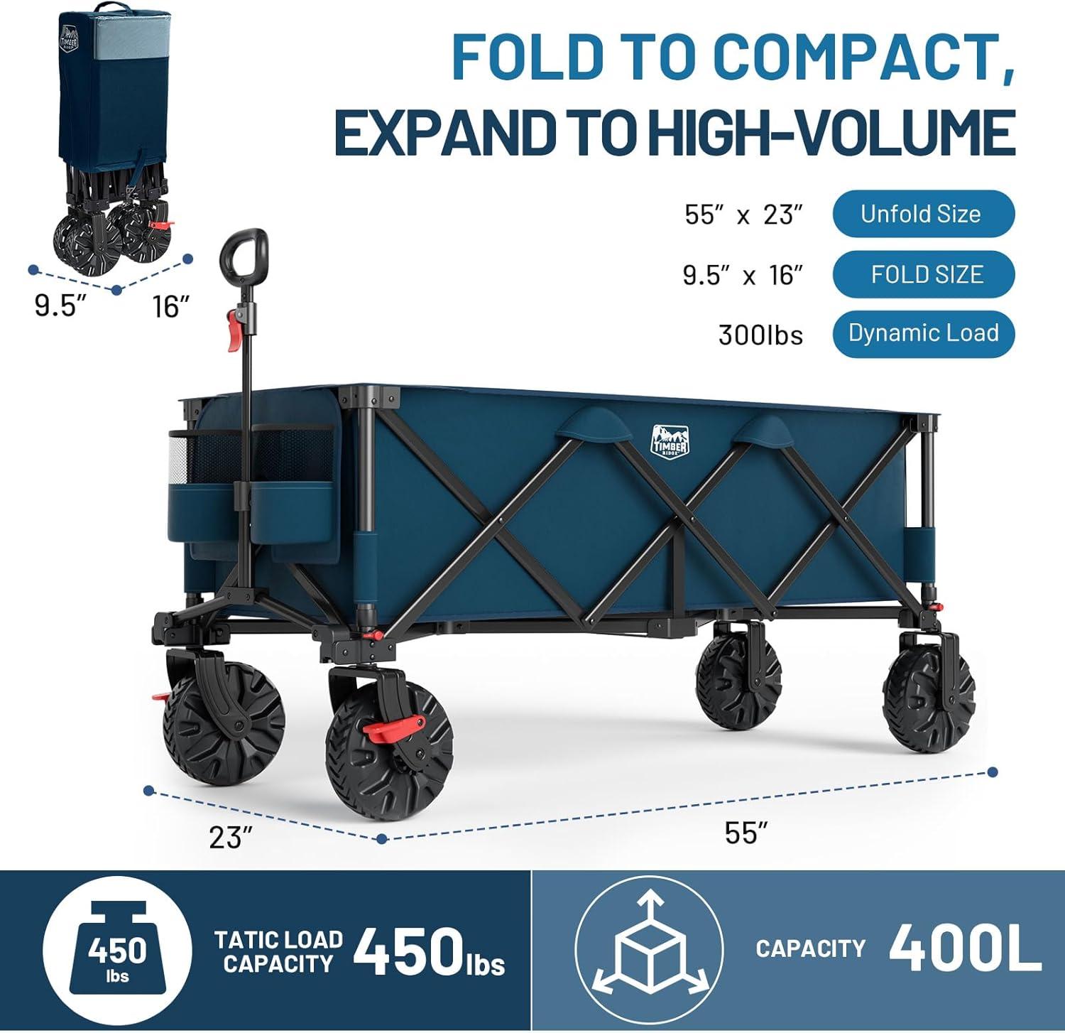 imageTimber Ridge 512quot Extended Collapsible Wagon  HeavyDuty Utility Cart with AllTerrain Wheels Brakes ampamp Cargo Net 400L Capacity for Camping Sports ampamp Shopping BlueBlue