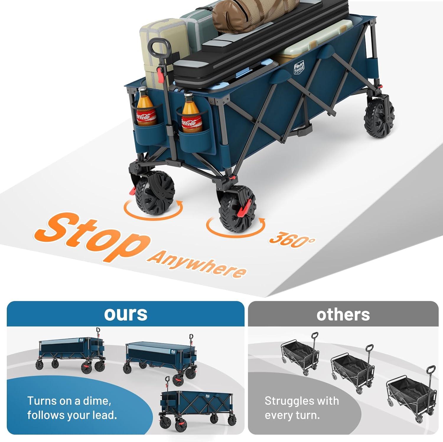 imageTimber Ridge 512quot Extended Collapsible Wagon  HeavyDuty Utility Cart with AllTerrain Wheels Brakes ampamp Cargo Net 400L Capacity for Camping Sports ampamp Shopping BlueBlue