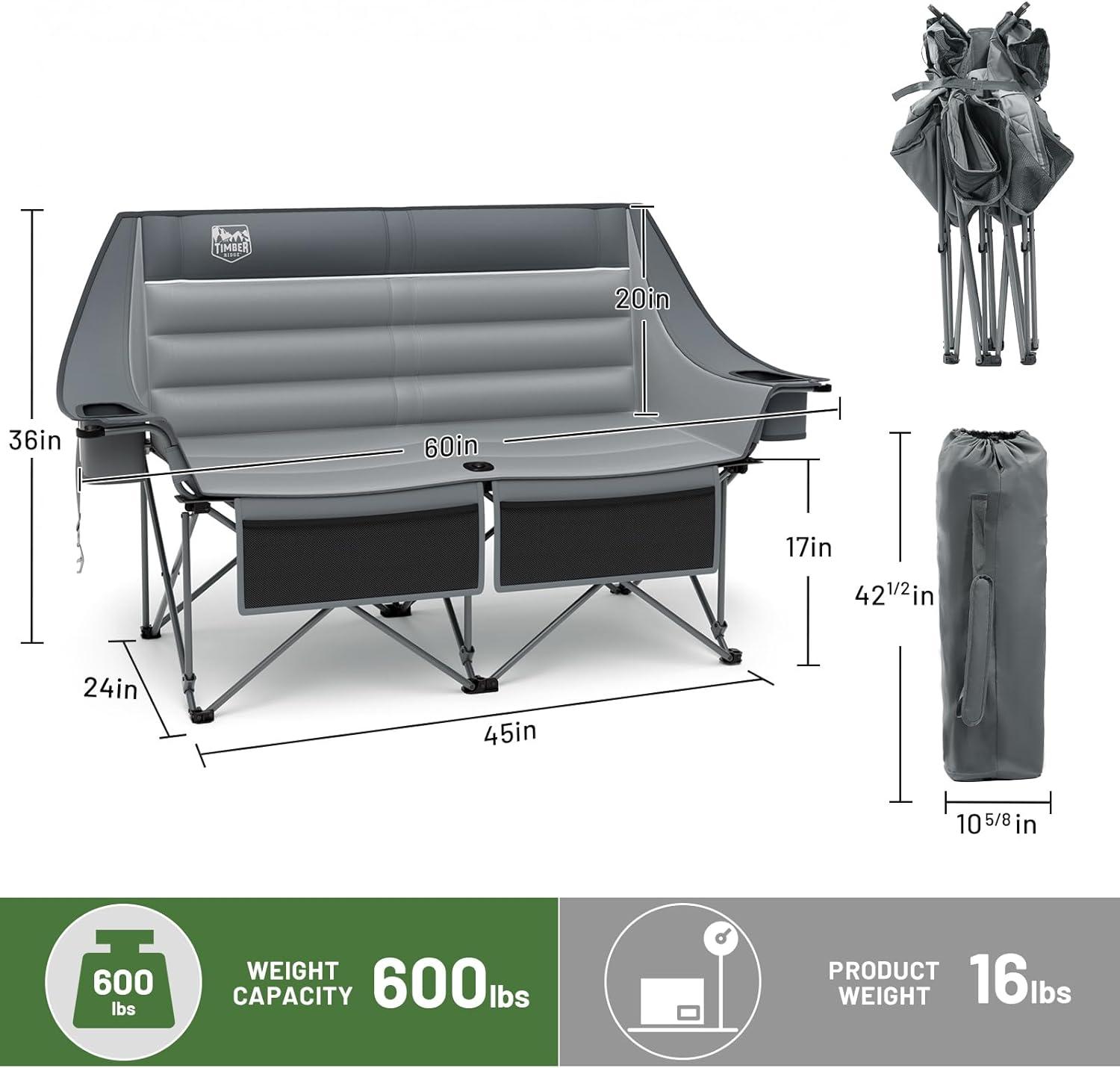 imageTimber Ridge Double Camping Chair Heavy Duty Outdoor Folding Camp Couch Loveseat Camping Chairs Perfect for Campsites PatioLawn Soccer Games or Other Youth Sports Supports 600 lbsGrey