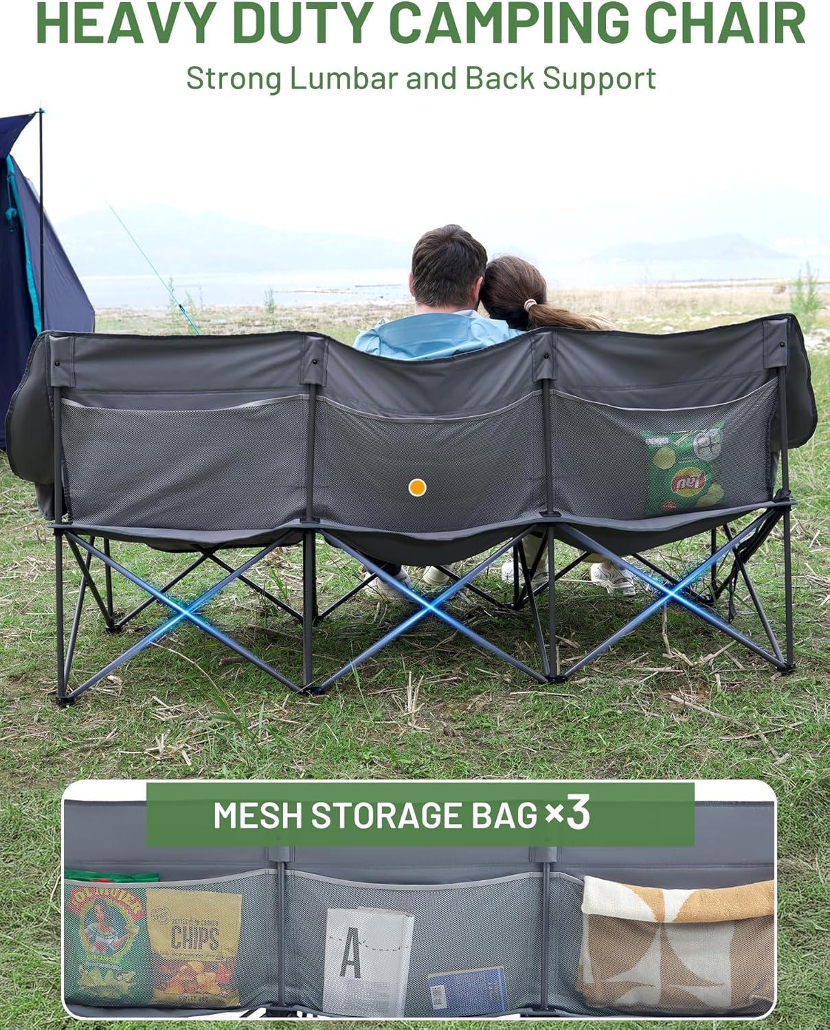 imageTimber Ridge Double Camping Chair Heavy Duty Outdoor Folding Camp Couch Loveseat Camping Chairs Perfect for Campsites PatioLawn Soccer Games or Other Youth Sports Supports 600 lbs3 Persongrey