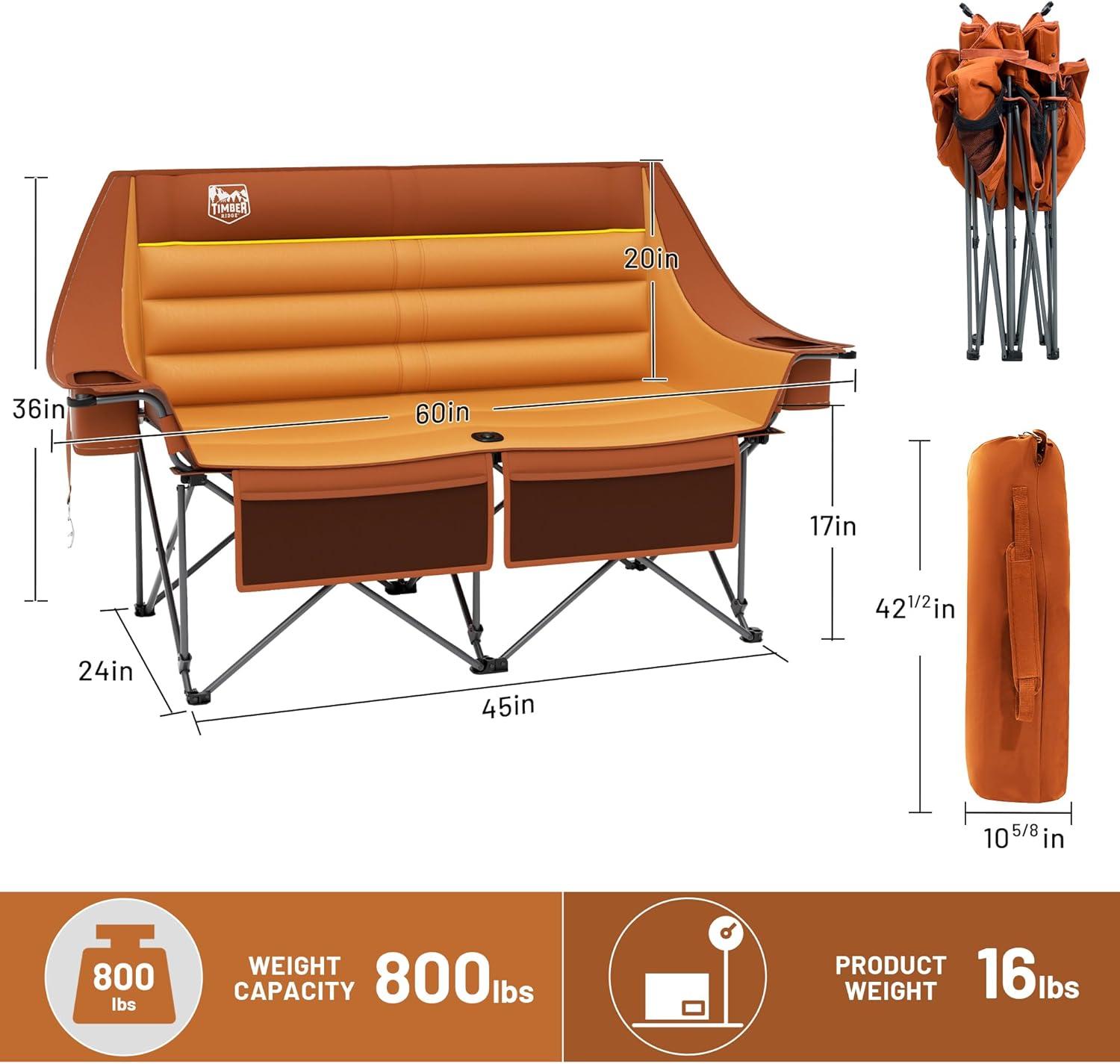imageTimber Ridge Double Camping Chair Heavy Duty Outdoor Folding Camp Couch Loveseat Camping Chairs Perfect for Campsites PatioLawn Soccer Games or Other Youth Sports Supports 600 lbsOrange