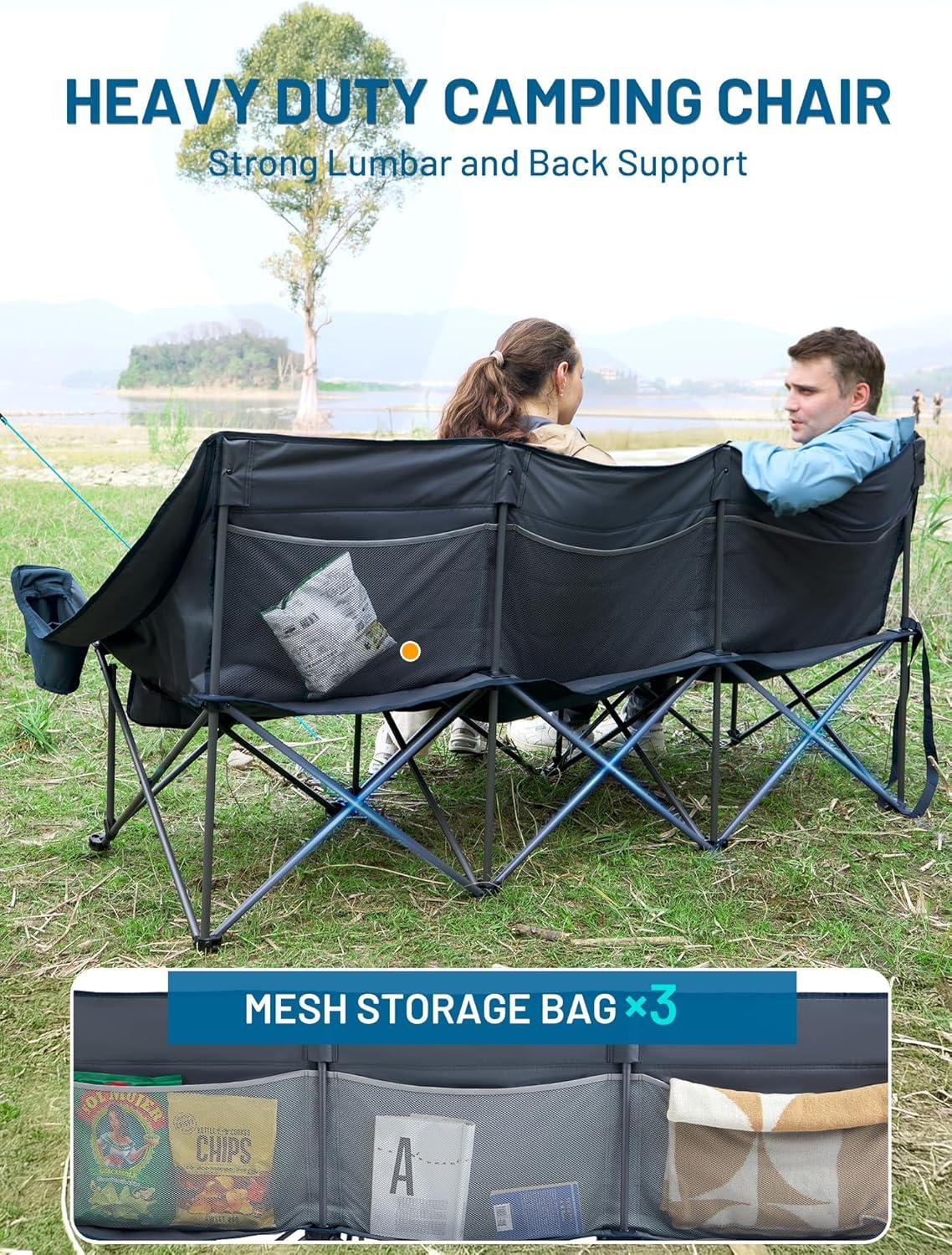 imageTimber Ridge Double Camping Chair Heavy Duty Outdoor Folding Camp Couch Loveseat Camping Chairs Perfect for Campsites PatioLawn Soccer Games or Other Youth Sports Supports 600 lbs3 Personblue