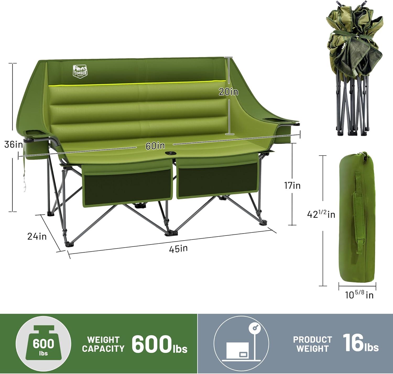 imageTimber Ridge Double Camping Chair Heavy Duty Outdoor Folding Camp Couch Loveseat Camping Chairs Perfect for Campsites PatioLawn Soccer Games or Other Youth Sports Supports 600 lbsGreen