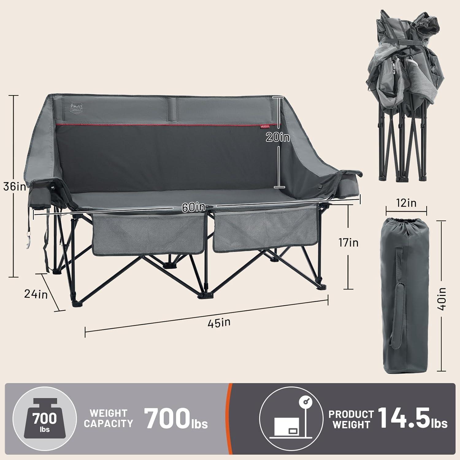 imageTimber Ridge Double Camping Chair Heavy Duty Outdoor Folding Camp Couch Loveseat Camping Chairs Perfect for Campsites PatioLawn Soccer Games or Other Youth Sports Supports 600 lbsGrey With Heated