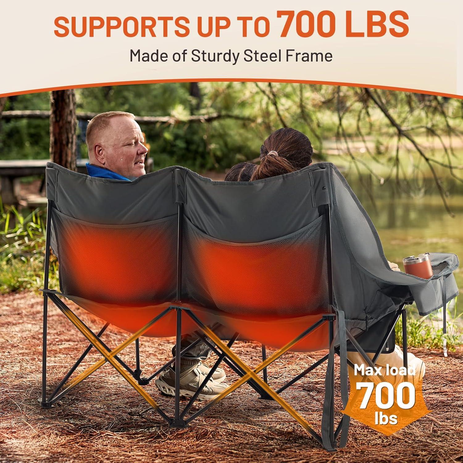 imageTimber Ridge Double Camping Chair Heavy Duty Outdoor Folding Camp Couch Loveseat Camping Chairs Perfect for Campsites PatioLawn Soccer Games or Other Youth Sports Supports 600 lbsGrey With Heated