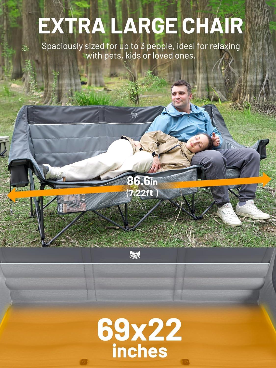 imageTimber Ridge Double Camping Chair Heavy Duty Outdoor Folding Camp Couch Loveseat Camping Chairs Perfect for Campsites PatioLawn Soccer Games or Other Youth Sports Supports 600 lbs3 Persongrey