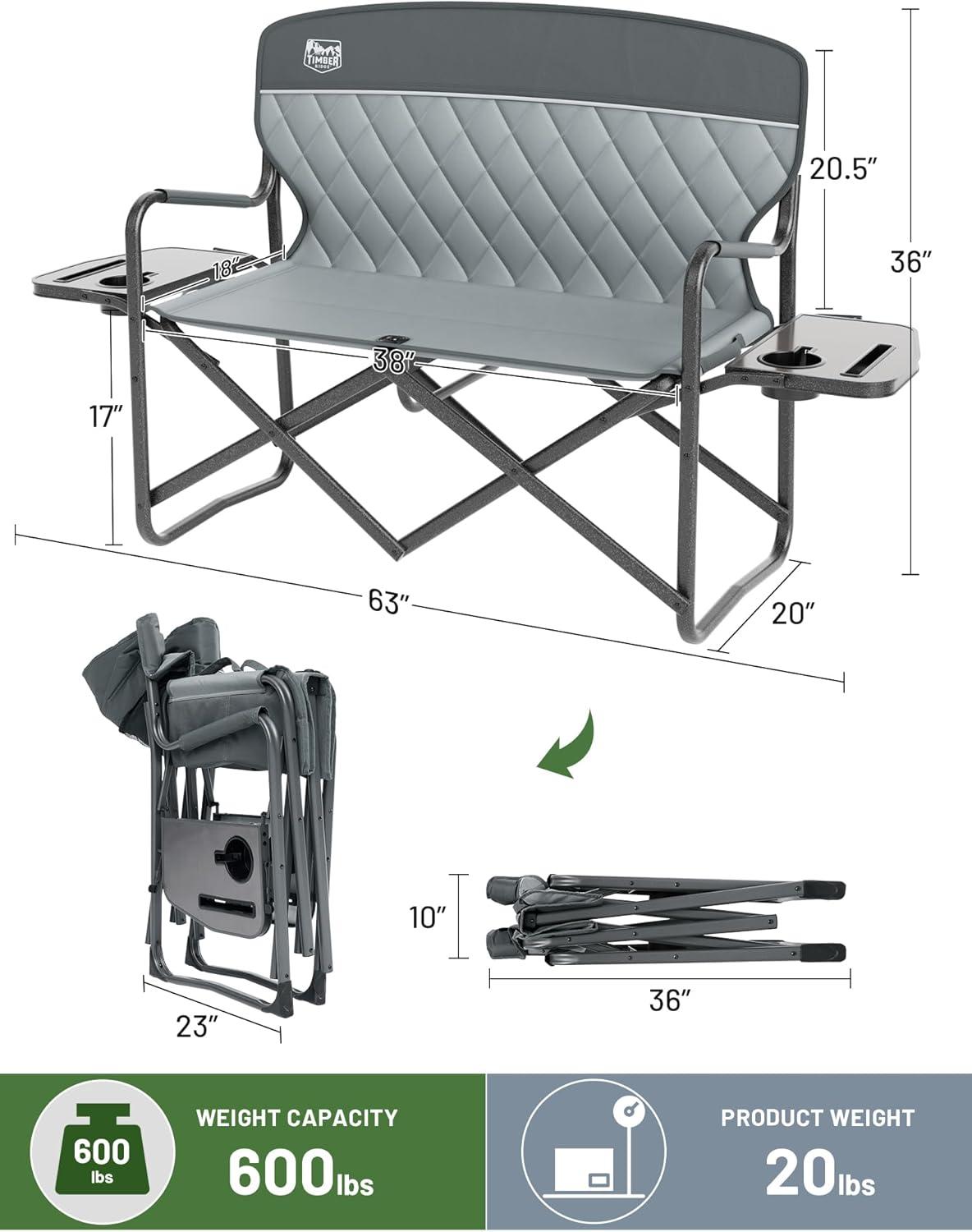 imageTimber Ridge Double Camping Chair Heavy Duty Outdoor Folding Camp Couch Loveseat Camping Chairs Perfect for Campsites PatioLawn Soccer Games or Other Youth Sports Supports 600 lbsLoveseat Grey