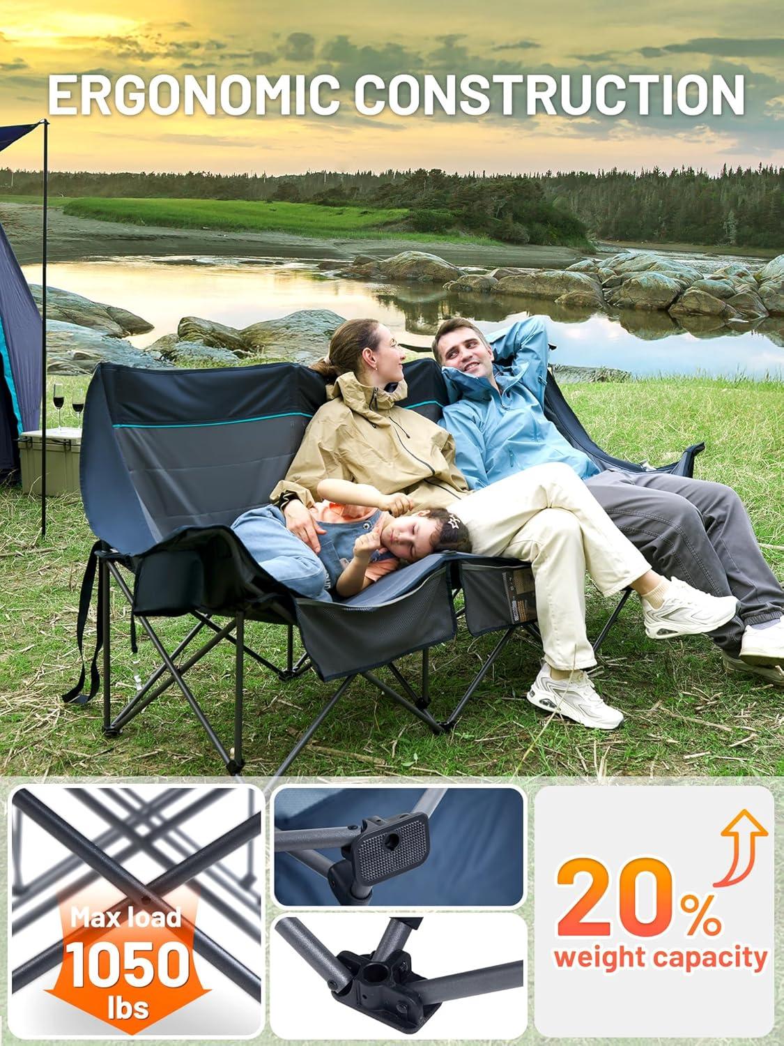 imageTimber Ridge Double Camping Chair Heavy Duty Outdoor Folding Camp Couch Loveseat Camping Chairs Perfect for Campsites PatioLawn Soccer Games or Other Youth Sports Supports 600 lbs3 Personblue