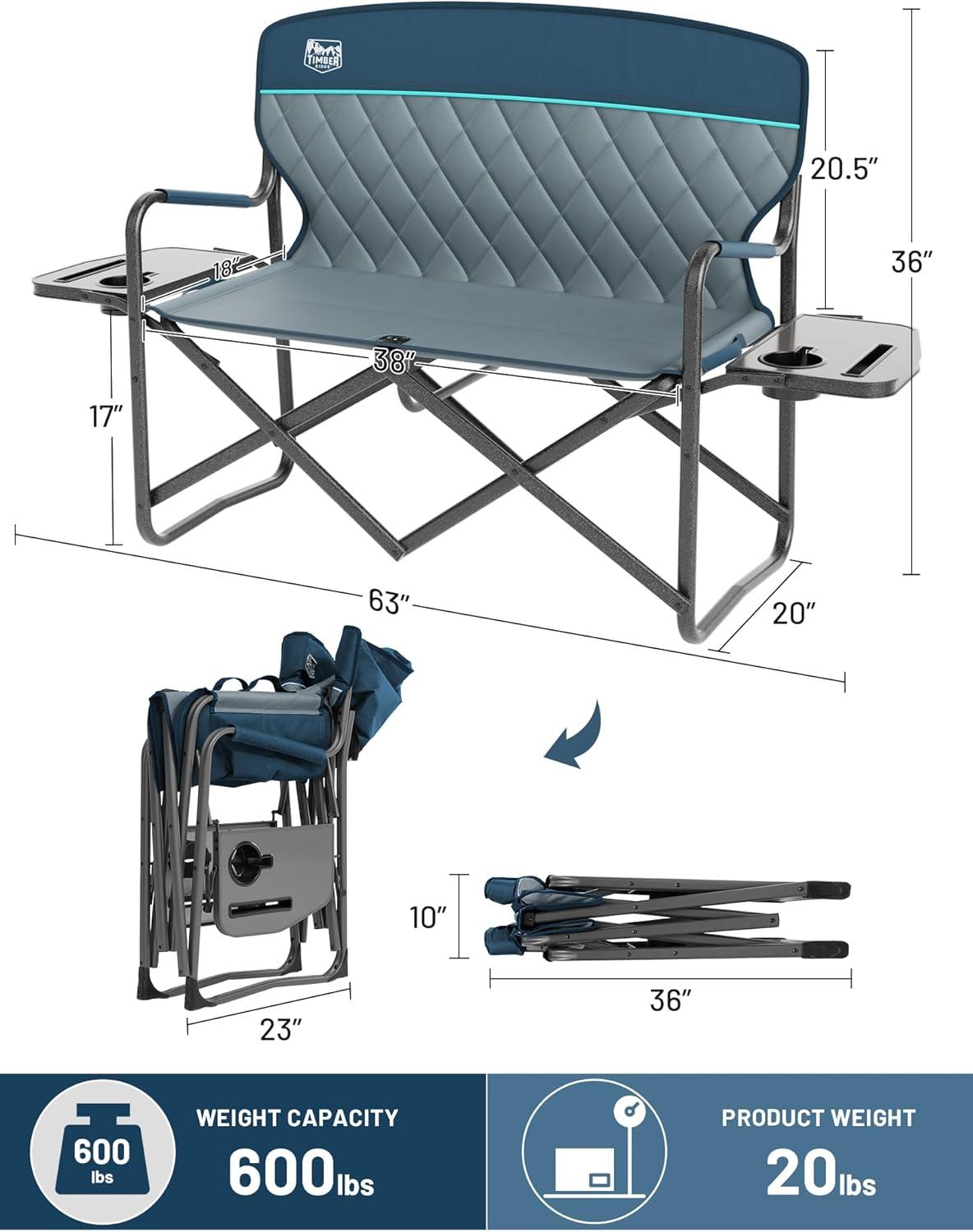 imageTimber Ridge Double Camping Chair Heavy Duty Outdoor Folding Camp Couch Loveseat Camping Chairs Perfect for Campsites PatioLawn Soccer Games or Other Youth Sports Supports 600 lbsLoveseat Blue