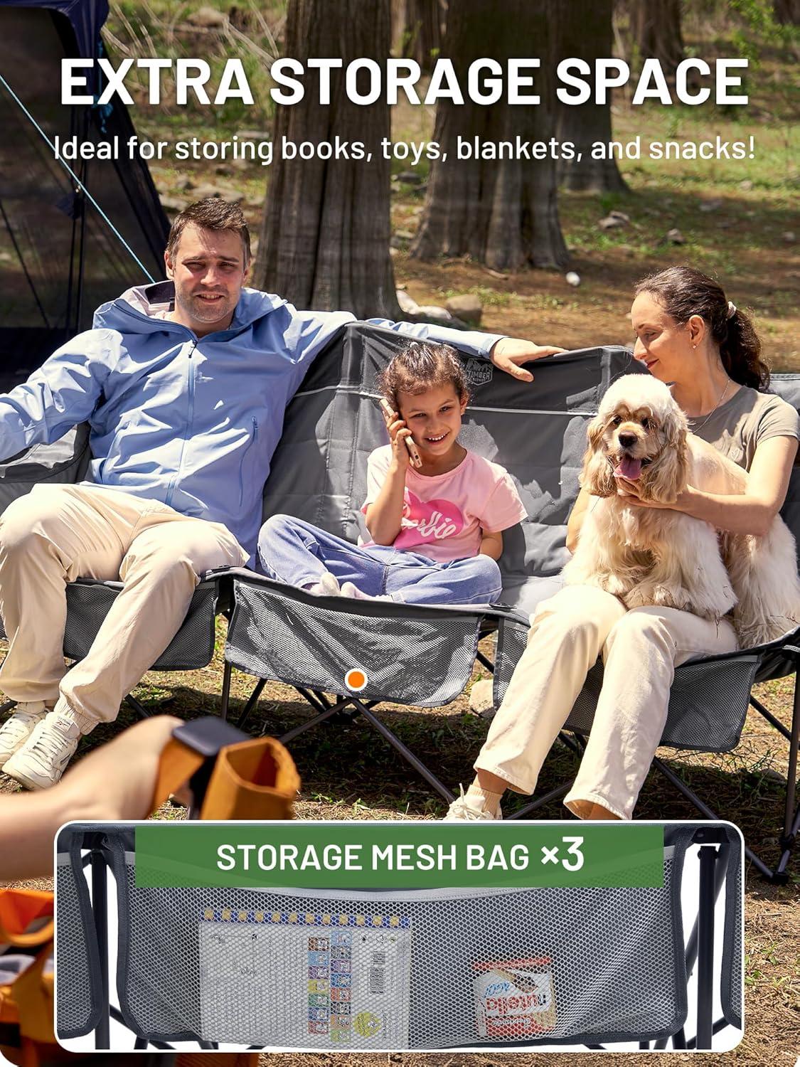 imageTimber Ridge Double Camping Chair Heavy Duty Outdoor Folding Camp Couch Loveseat Camping Chairs Perfect for Campsites PatioLawn Soccer Games or Other Youth Sports Supports 600 lbs3 Persongrey