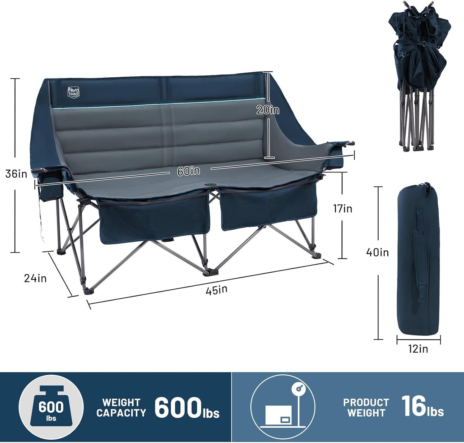 imageTimber Ridge Double Camping Chair Heavy Duty Outdoor Folding Camp Couch Loveseat Camping Chairs Perfect for Campsites PatioLawn Soccer Games or Other Youth Sports Supports 600 lbsBlue