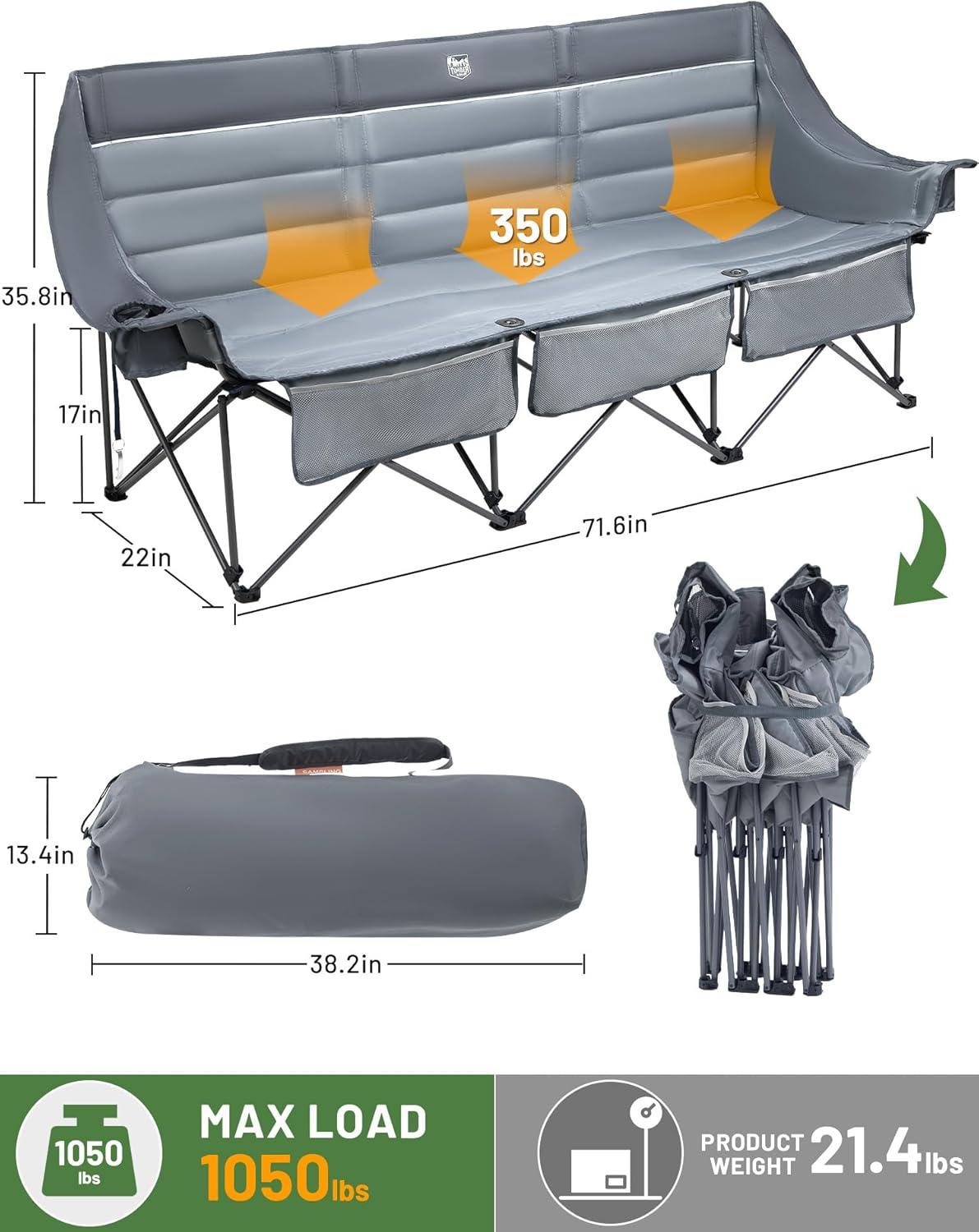 imageTimber Ridge Double Camping Chair Heavy Duty Outdoor Folding Camp Couch Loveseat Camping Chairs Perfect for Campsites PatioLawn Soccer Games or Other Youth Sports Supports 600 lbs3 Persongrey