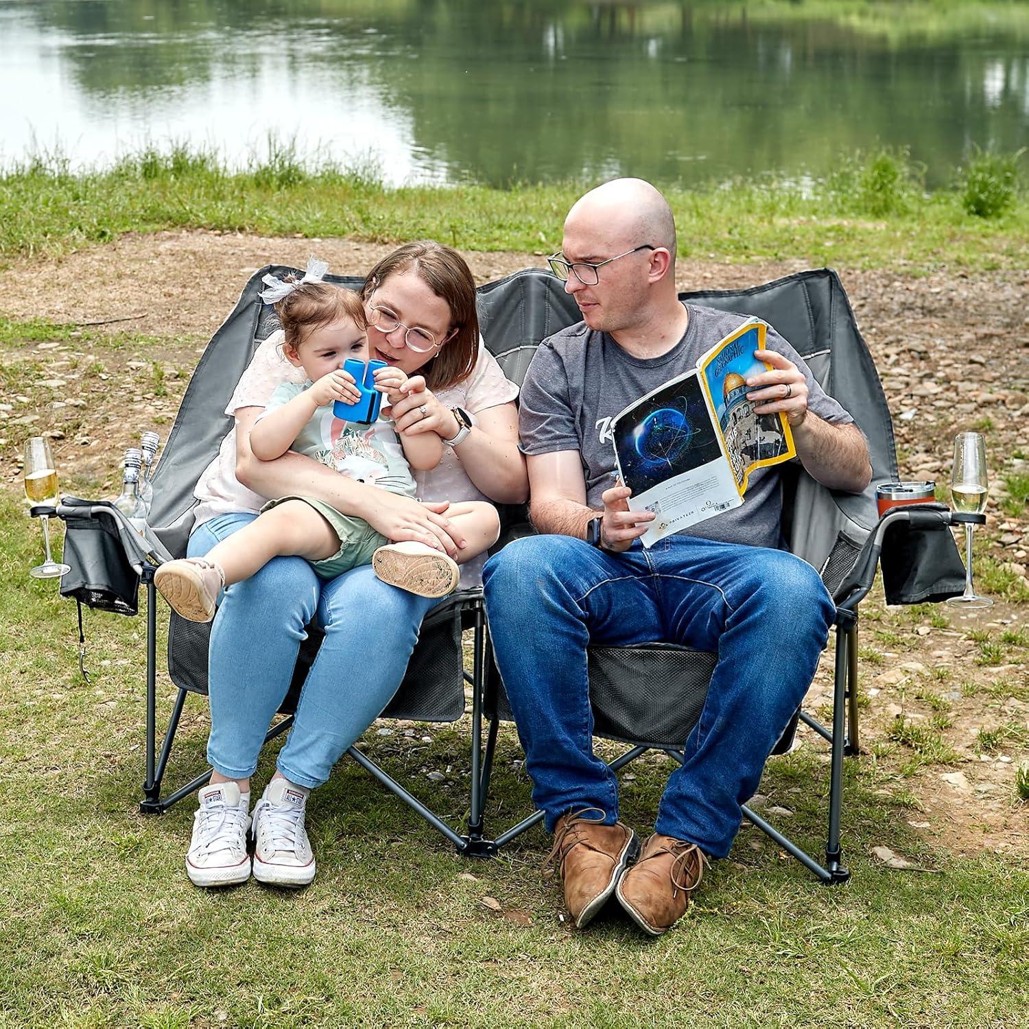 imageTimber Ridge Double Camping Chair Heavy Duty Outdoor Folding Camp Couch Loveseat Camping Chairs Perfect for Campsites PatioLawn Soccer Games or Other Youth Sports Supports 600 lbsGrey
