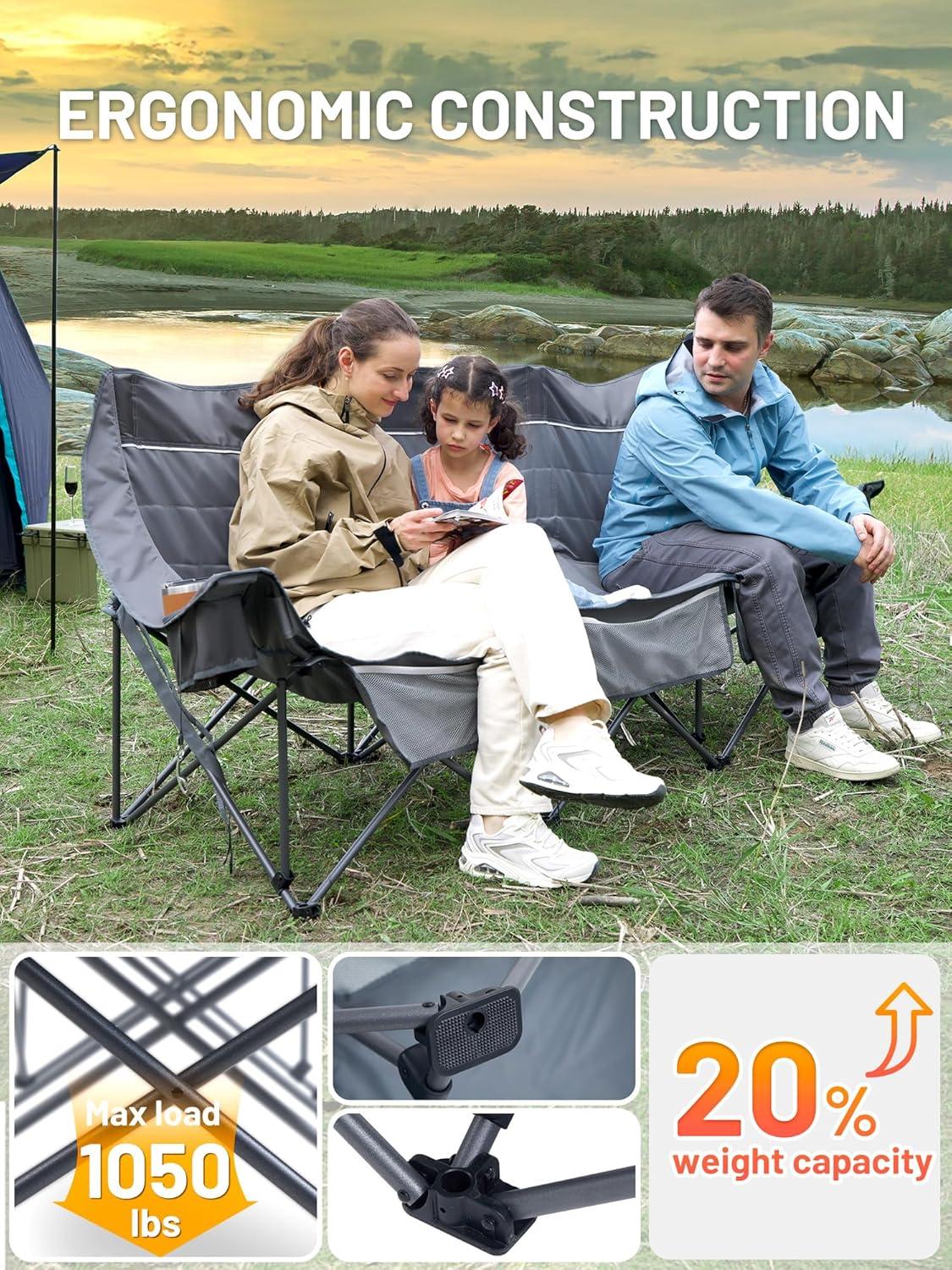 imageTimber Ridge Double Camping Chair Heavy Duty Outdoor Folding Camp Couch Loveseat Camping Chairs Perfect for Campsites PatioLawn Soccer Games or Other Youth Sports Supports 600 lbs3 Persongrey