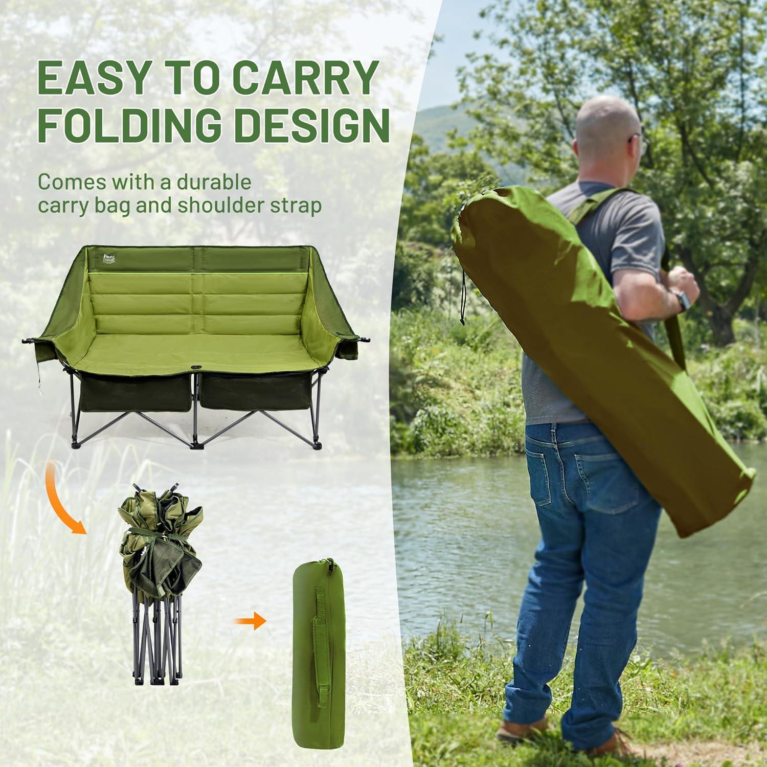 imageTimber Ridge Double Camping Chair Heavy Duty Outdoor Folding Camp Couch Loveseat Camping Chairs Perfect for Campsites PatioLawn Soccer Games or Other Youth Sports Supports 600 lbsGreen