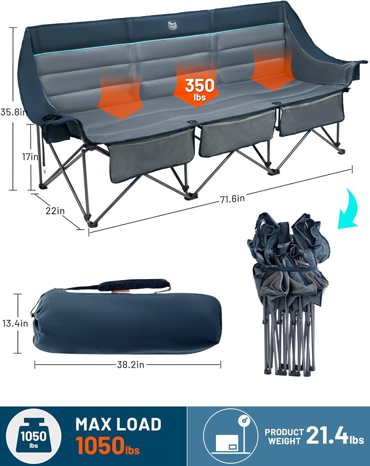 imageTimber Ridge Double Camping Chair Heavy Duty Outdoor Folding Camp Couch Loveseat Camping Chairs Perfect for Campsites PatioLawn Soccer Games or Other Youth Sports Supports 600 lbs3 Personblue