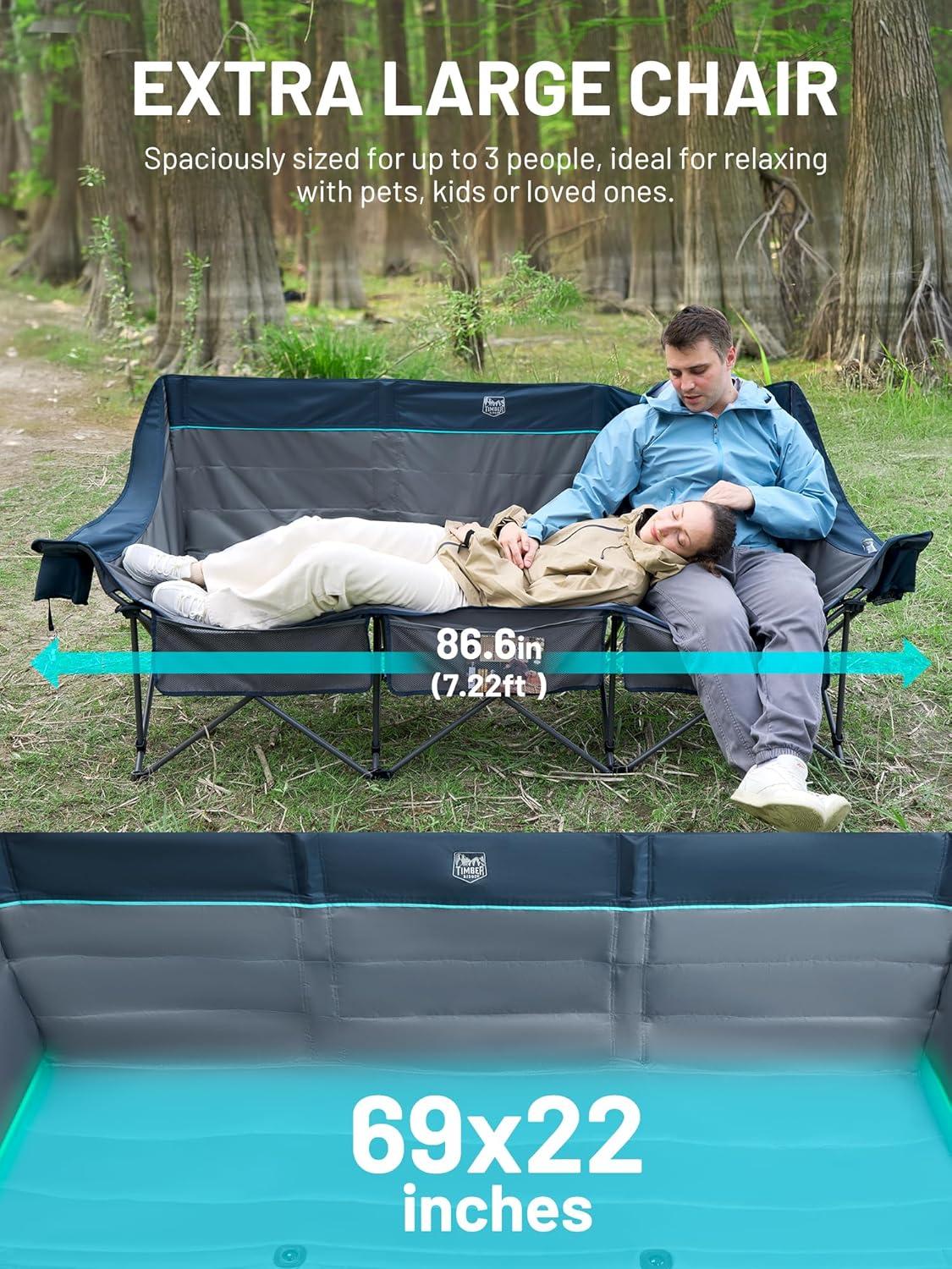 imageTimber Ridge Double Camping Chair Heavy Duty Outdoor Folding Camp Couch Loveseat Camping Chairs Perfect for Campsites PatioLawn Soccer Games or Other Youth Sports Supports 600 lbs3 Personblue
