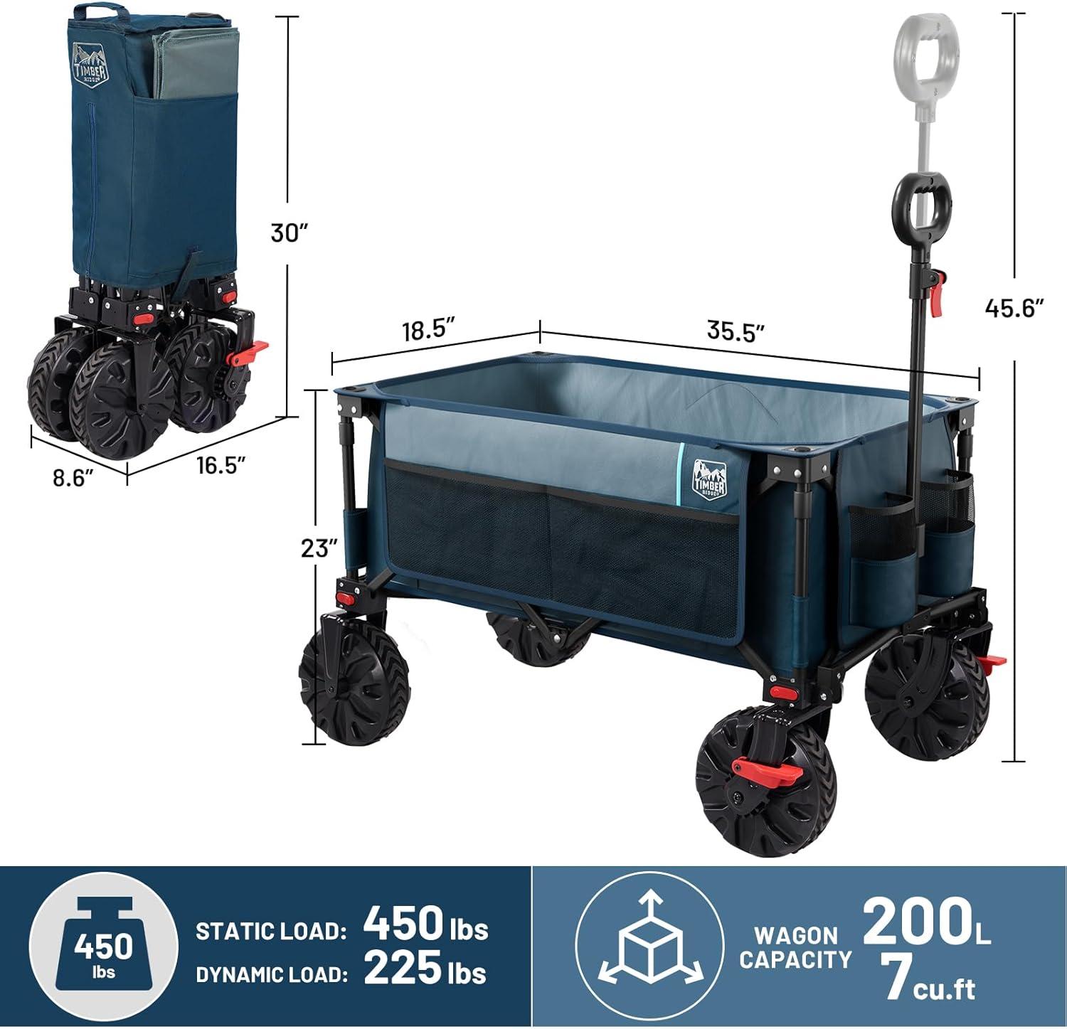 imageTimber Ridge Outdoor Collapsible Wagon with Brakes Utility Folding Cart Heavy Duty All Terrain Wheels for Shopping Camping Garden with Side Bag and Cup Holders GreyNavy