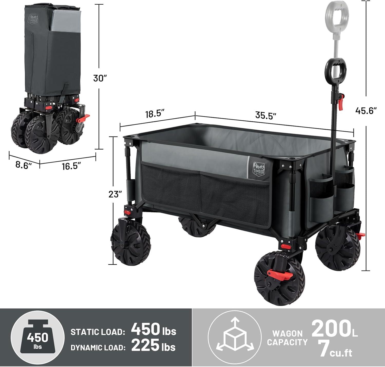 imageTimber Ridge Outdoor Collapsible Wagon with Brakes Utility Folding Cart Heavy Duty All Terrain Wheels for Shopping Camping Garden with Side Bag and Cup Holders GreyGray