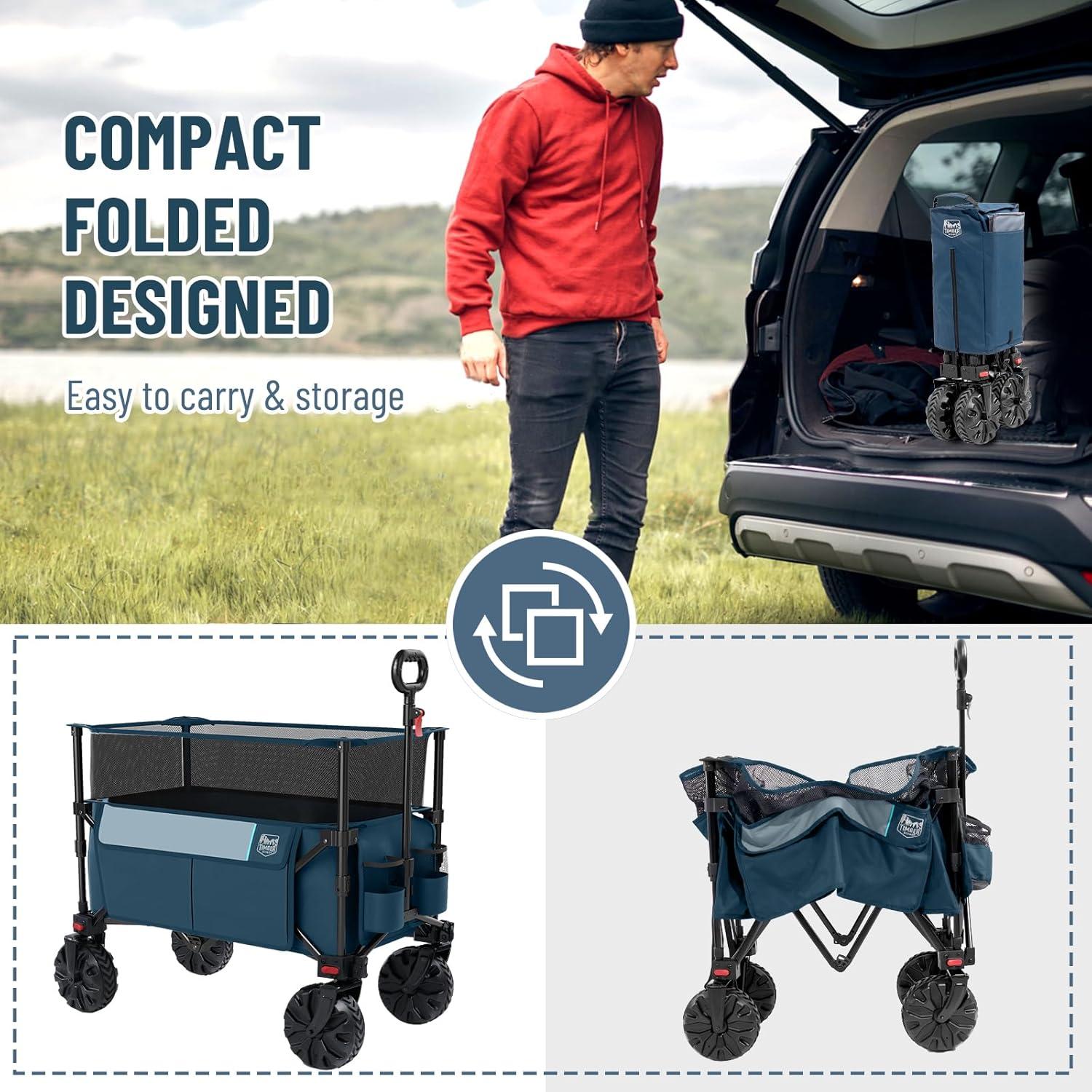 imageTimber Ridge Outdoor Collapsible Wagon with Brakes Utility Folding Cart Heavy Duty All Terrain Wheels for Shopping Camping Garden with Side Bag and Cup Holders GreyNavy