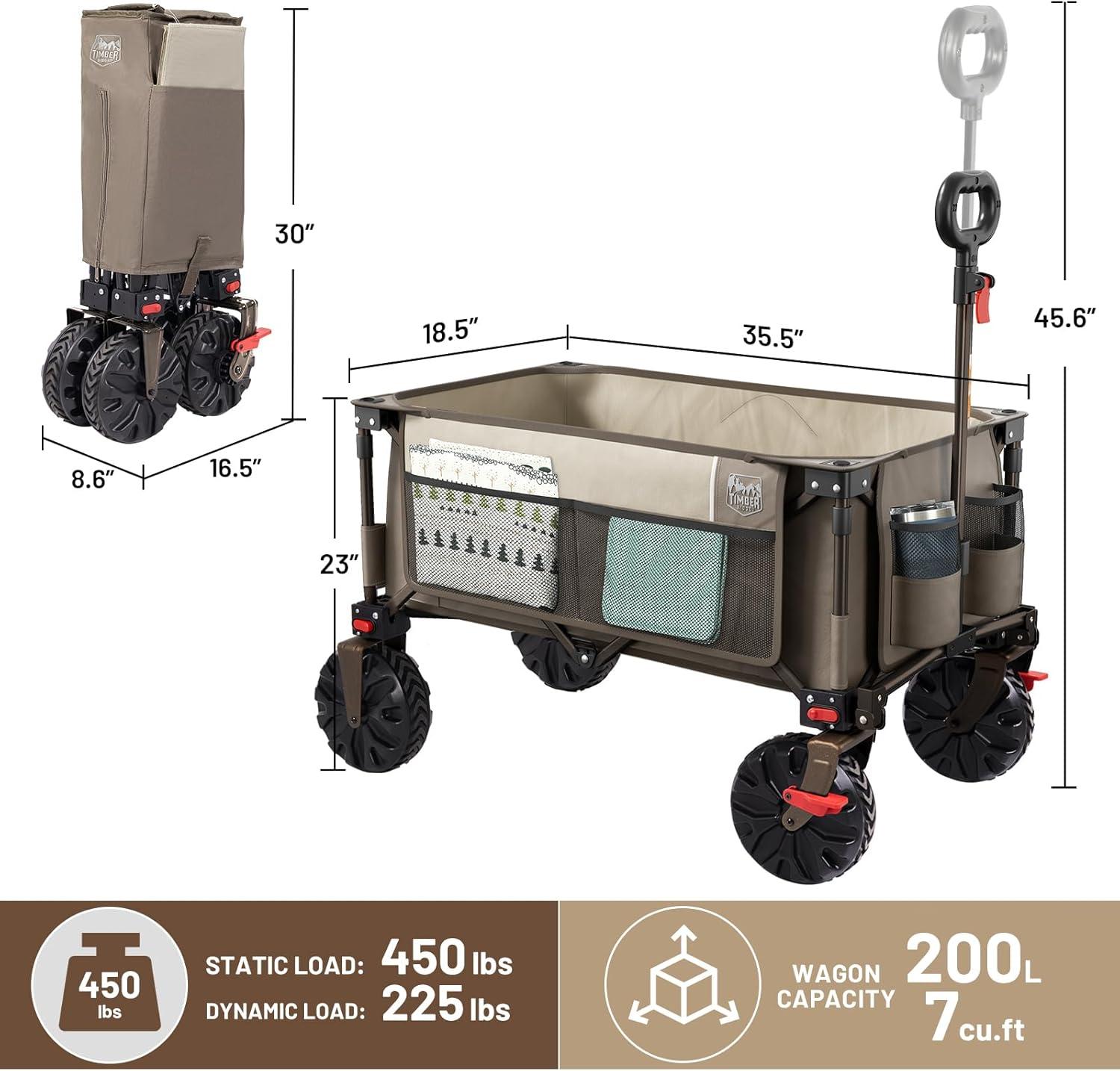 imageTimber Ridge Outdoor Collapsible Wagon with Brakes Utility Folding Cart Heavy Duty All Terrain Wheels for Shopping Camping Garden with Side Bag and Cup Holders GreyTan