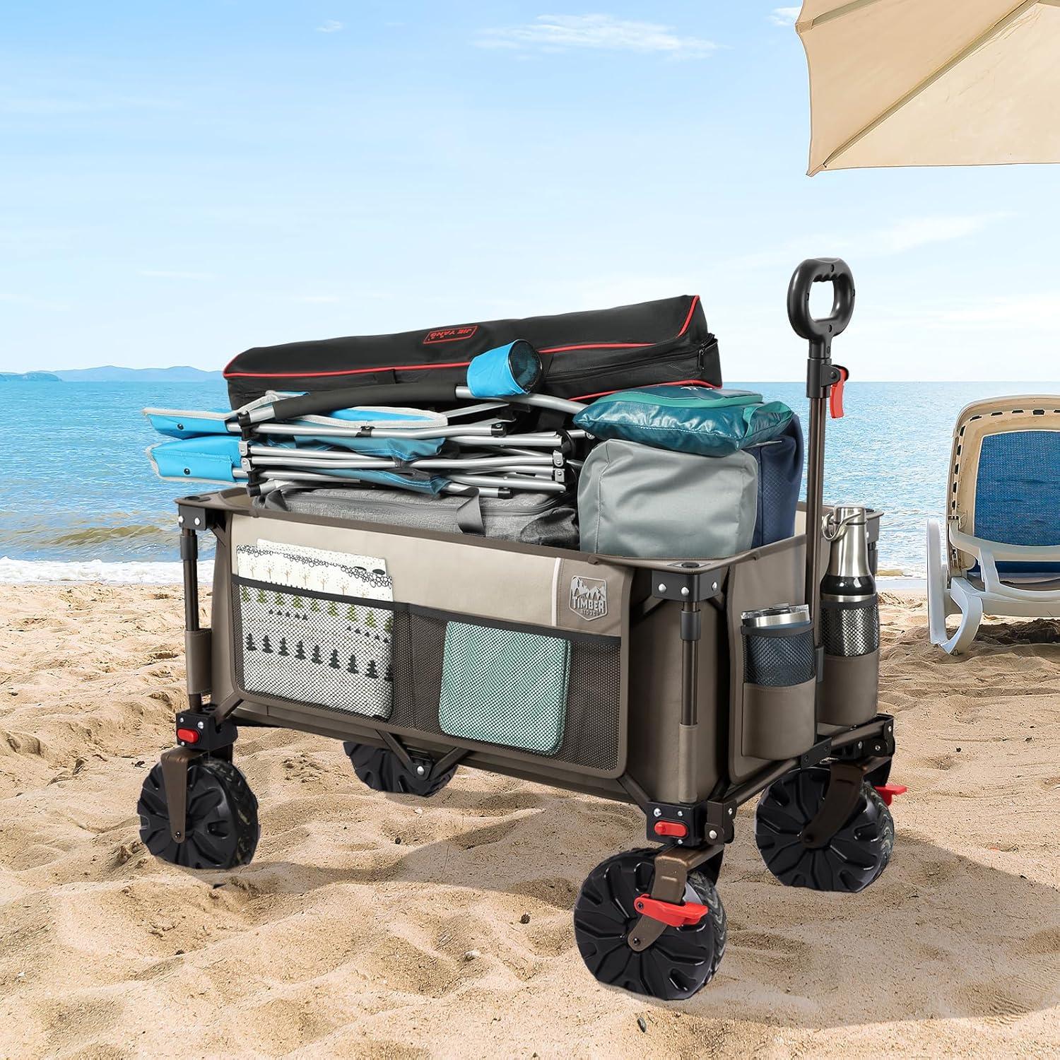 imageTimber Ridge Outdoor Collapsible Wagon with Brakes Utility Folding Cart Heavy Duty All Terrain Wheels for Shopping Camping Garden with Side Bag and Cup Holders GreyTan