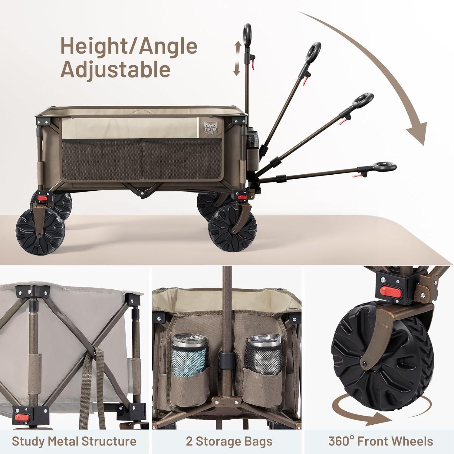 imageTimber Ridge Outdoor Collapsible Wagon with Brakes Utility Folding Cart Heavy Duty All Terrain Wheels for Shopping Camping Garden with Side Bag and Cup Holders GreyTan