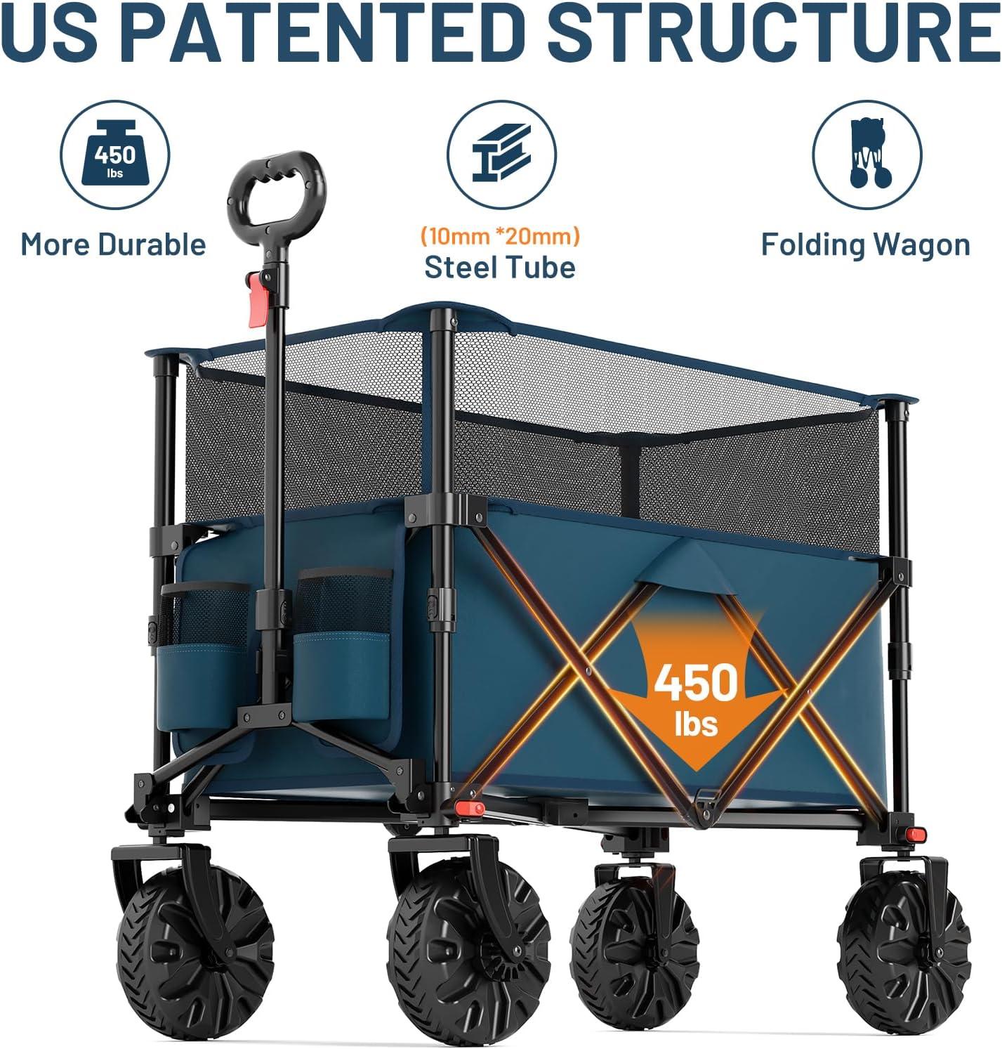 imageTimber Ridge Outdoor Collapsible Wagon with Brakes Utility Folding Cart Heavy Duty All Terrain Wheels for Shopping Camping Garden with Side Bag and Cup Holders GreyNavy