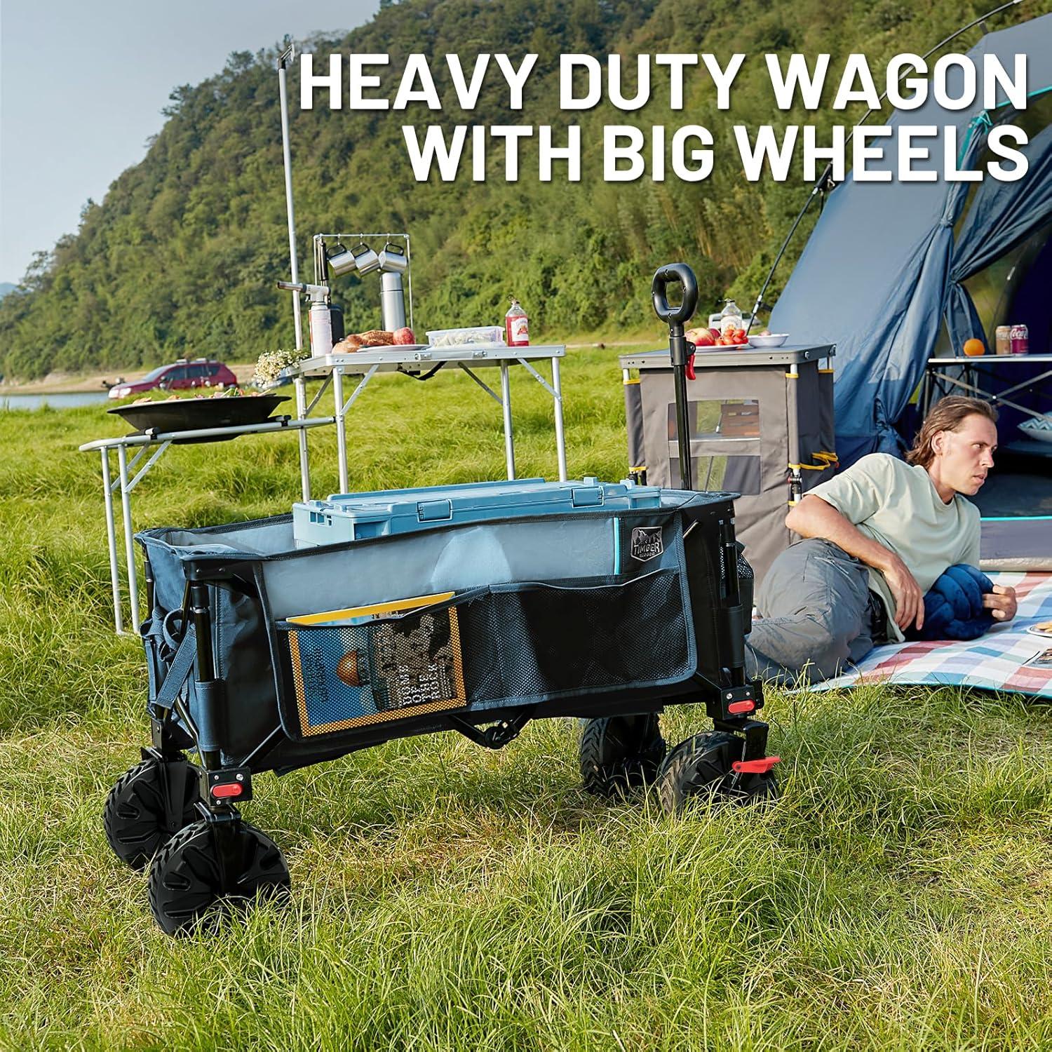 imageTimber Ridge Outdoor Collapsible Wagon with Brakes Utility Folding Cart Heavy Duty All Terrain Wheels for Shopping Camping Garden with Side Bag and Cup Holders GreyNavy