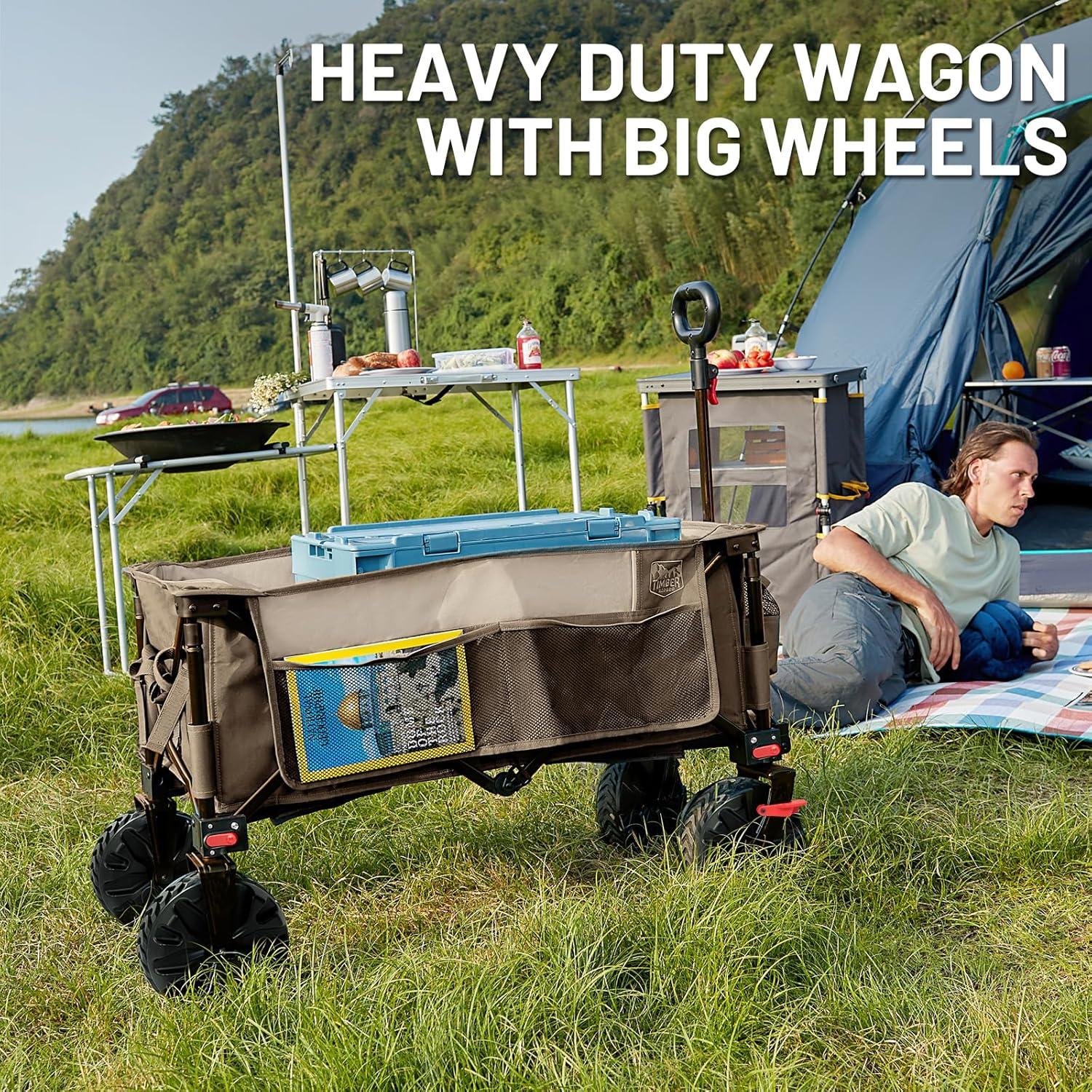 imageTimber Ridge Outdoor Collapsible Wagon with Brakes Utility Folding Cart Heavy Duty All Terrain Wheels for Shopping Camping Garden with Side Bag and Cup Holders GreyTan