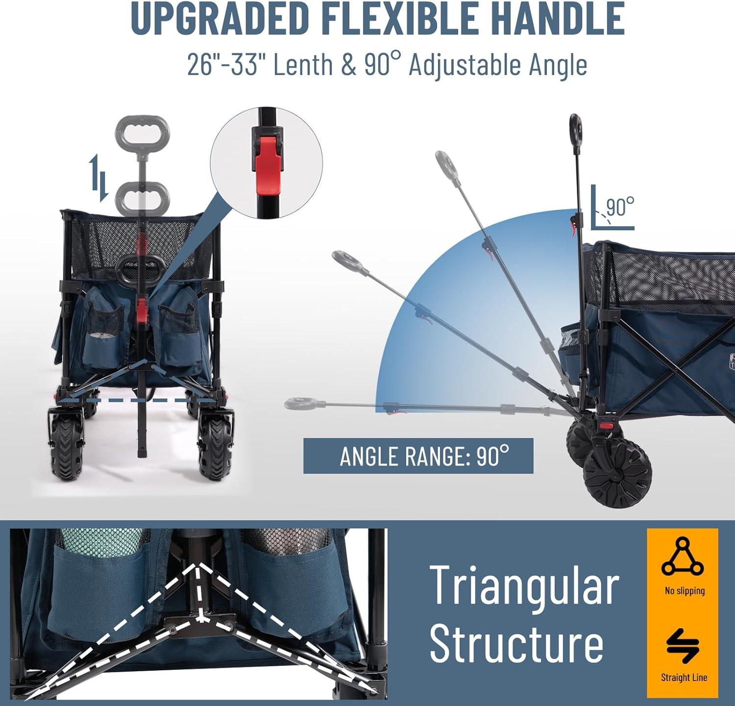 imageTimber Ridge Outdoor Collapsible Wagon with Brakes Utility Folding Cart Heavy Duty All Terrain Wheels for Shopping Camping Garden with Side Bag and Cup Holders GreyNavy