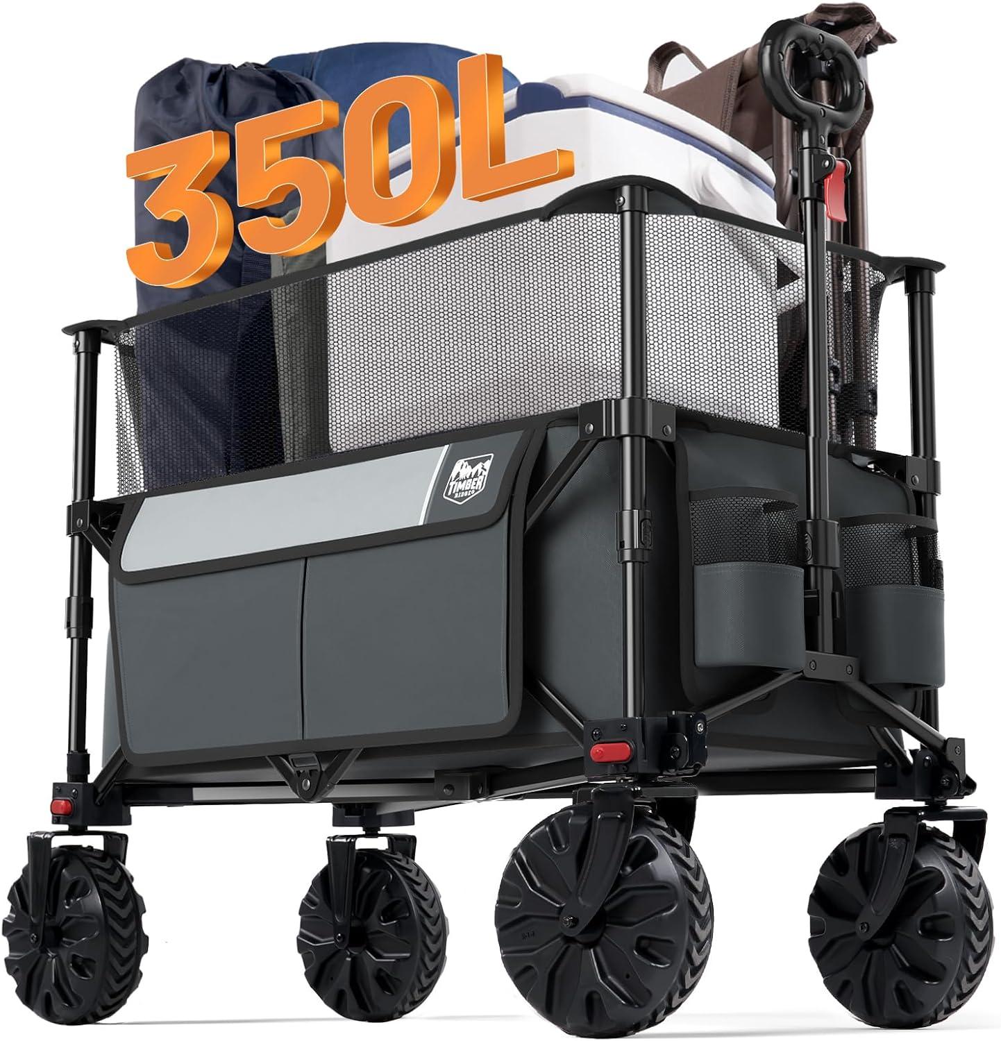 imageTimber Ridge Outdoor Collapsible Wagon with Brakes Utility Folding Cart Heavy Duty All Terrain Wheels for Shopping Camping Garden with Side Bag and Cup Holders GreyGray