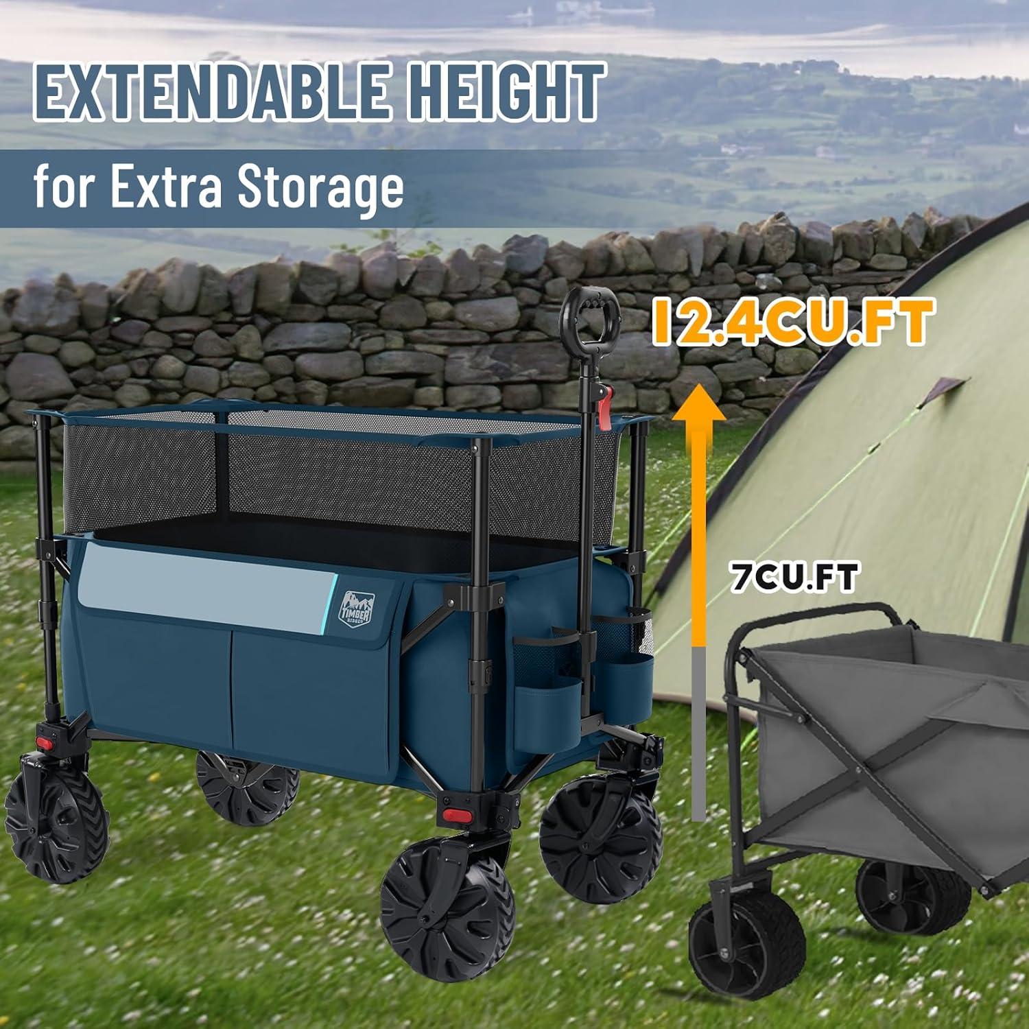 imageTimber Ridge Outdoor Collapsible Wagon with Brakes Utility Folding Cart Heavy Duty All Terrain Wheels for Shopping Camping Garden with Side Bag and Cup Holders GreyNavy