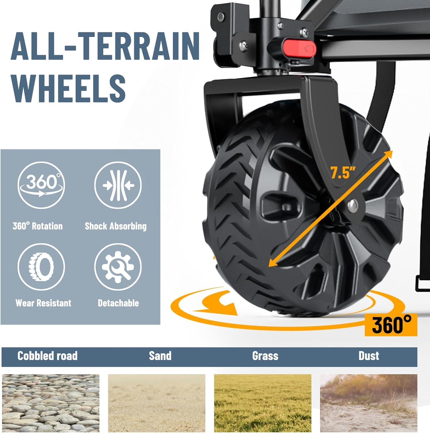 imageTimber Ridge Outdoor Collapsible Wagon with Brakes Utility Folding Cart Heavy Duty All Terrain Wheels for Shopping Camping Garden with Side Bag and Cup Holders GreyGray