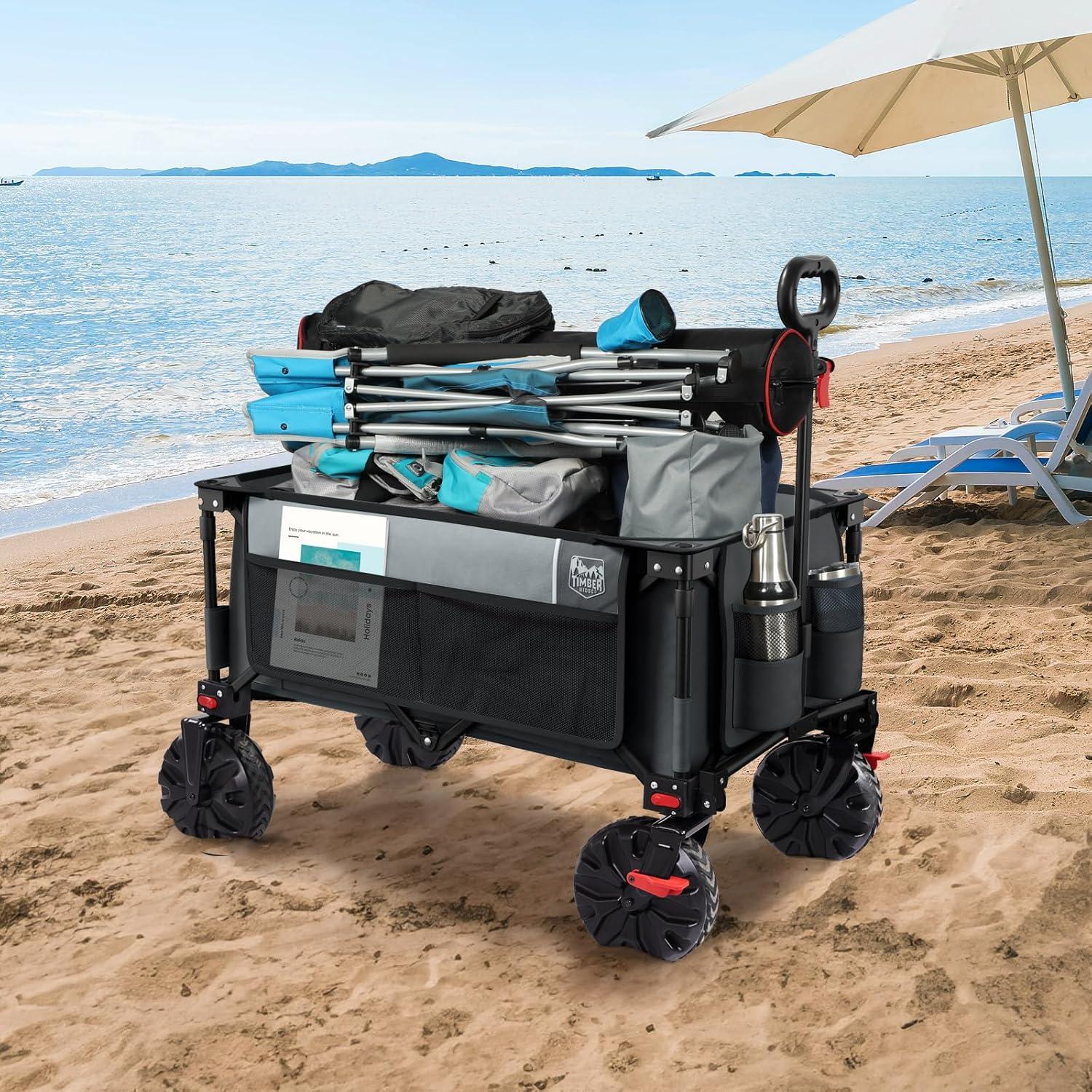 imageTimber Ridge Outdoor Collapsible Wagon with Brakes Utility Folding Cart Heavy Duty All Terrain Wheels for Shopping Camping Garden with Side Bag and Cup Holders GreyGray