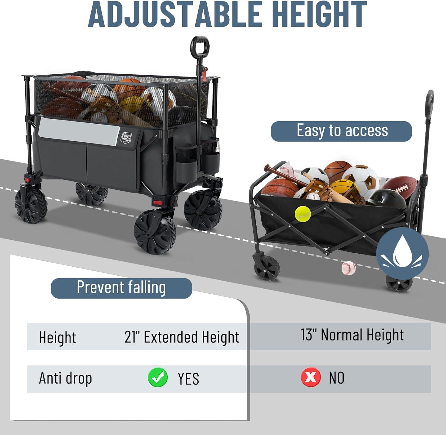 imageTimber Ridge Outdoor Collapsible Wagon with Brakes Utility Folding Cart Heavy Duty All Terrain Wheels for Shopping Camping Garden with Side Bag and Cup Holders GreyGray
